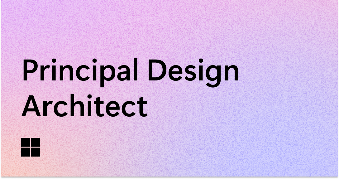 Text "Principal Design Architect" in bold black letters on a pastel gradient background of pink and purple shades, with a small black geometric square logo in the bottom left corner.