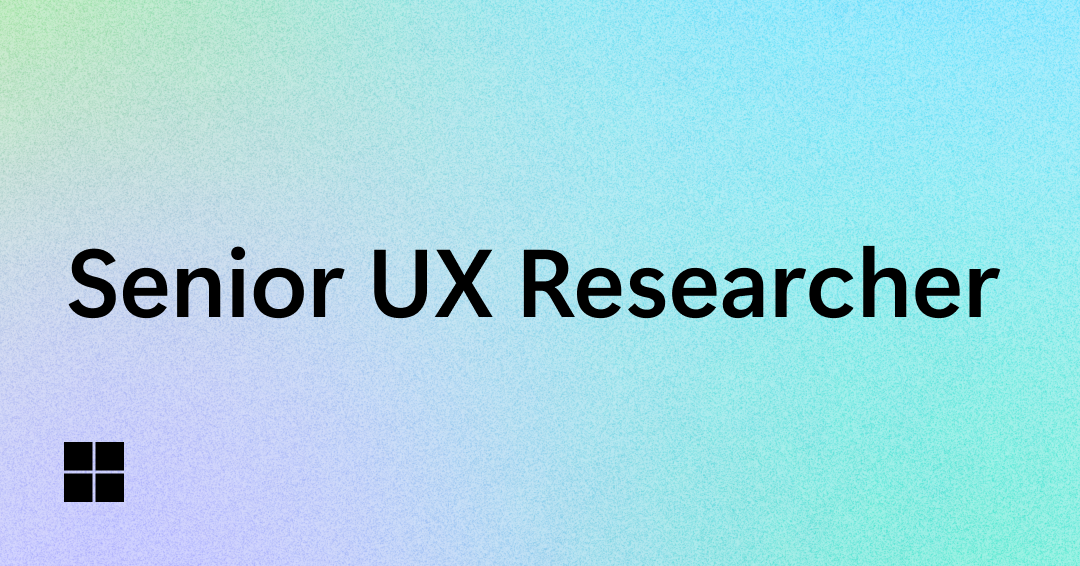 Text on a pastel gradient background reads "Senior UX Researcher." A small black square icon with four smaller squares is in the lower left corner.
