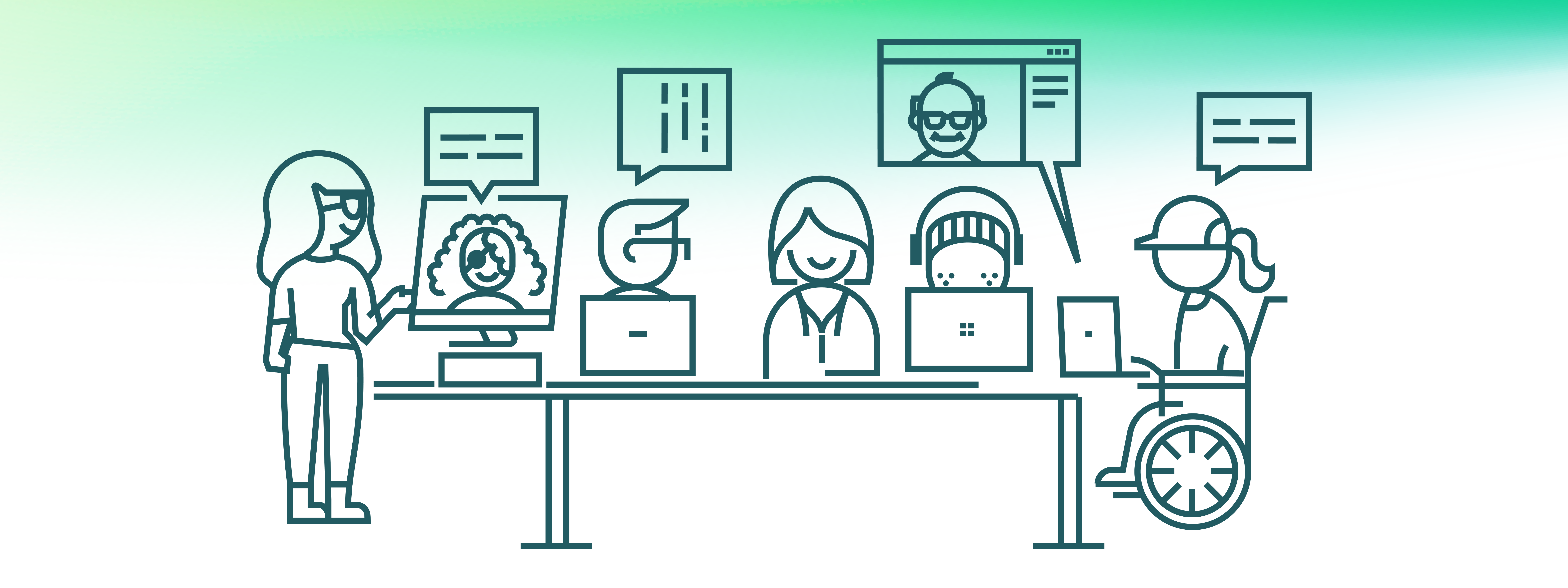 Microsoft Inclusive Design line art illustration showing people with different abilities collaborating in a co design workshop, gathered around a shared table using laptops, tablets, and conversation to develop ideas together.