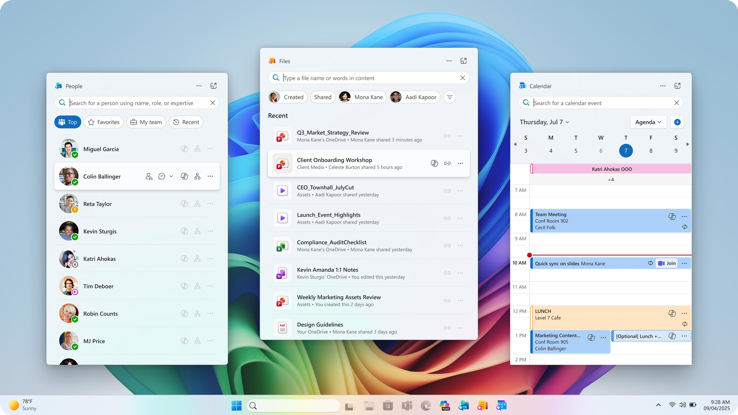 A computer screen shows a Windows desktop with three widgets: a contacts list on the left, a file manager in the center, and a calendar with events on the right. The background has a colorful swirl design.