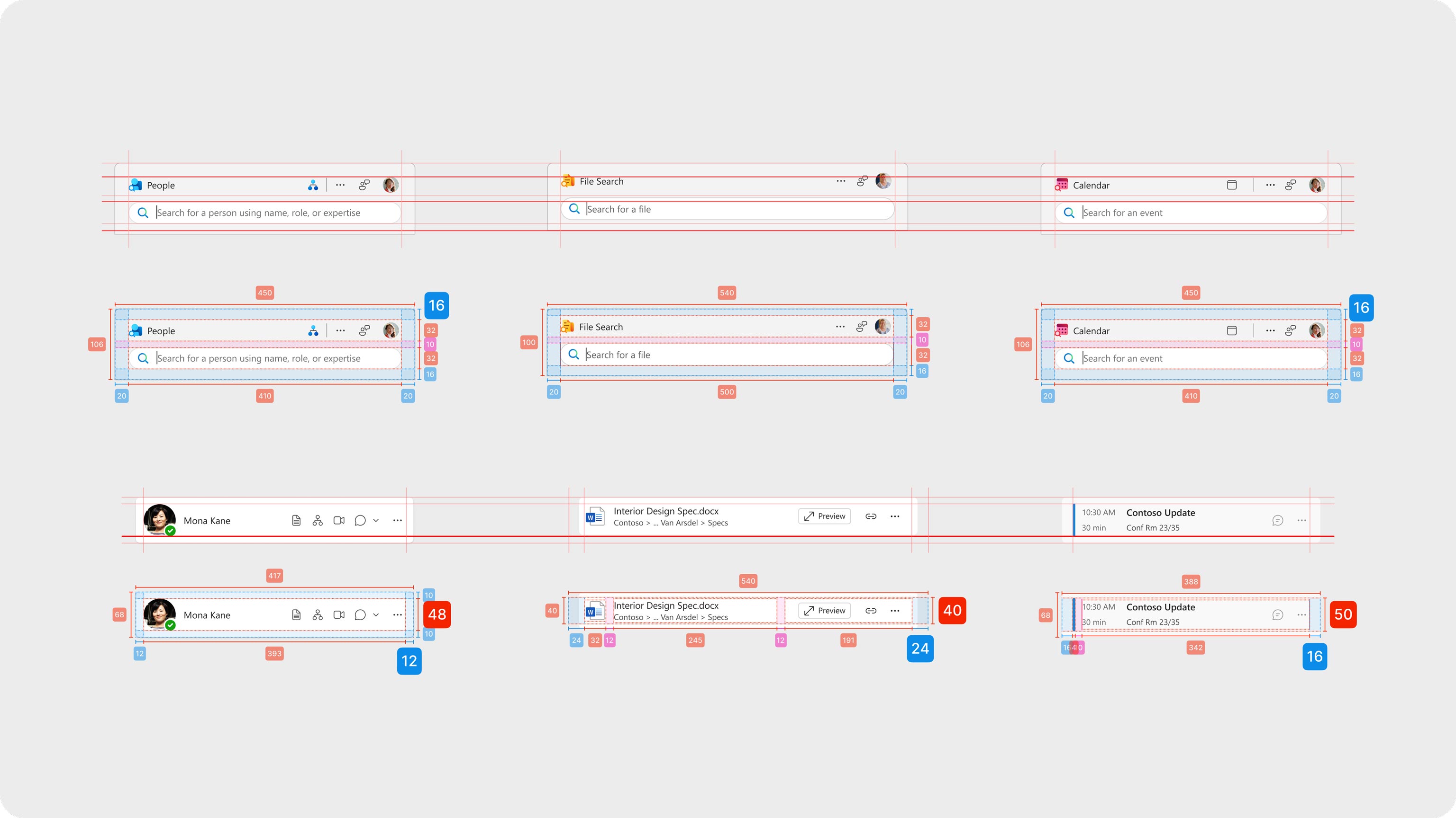 A collection of user interface components, including search bars, profile sections, and calendars, arranged in a grid layout with measurement lines and colored labels highlighting spacing and layout details.