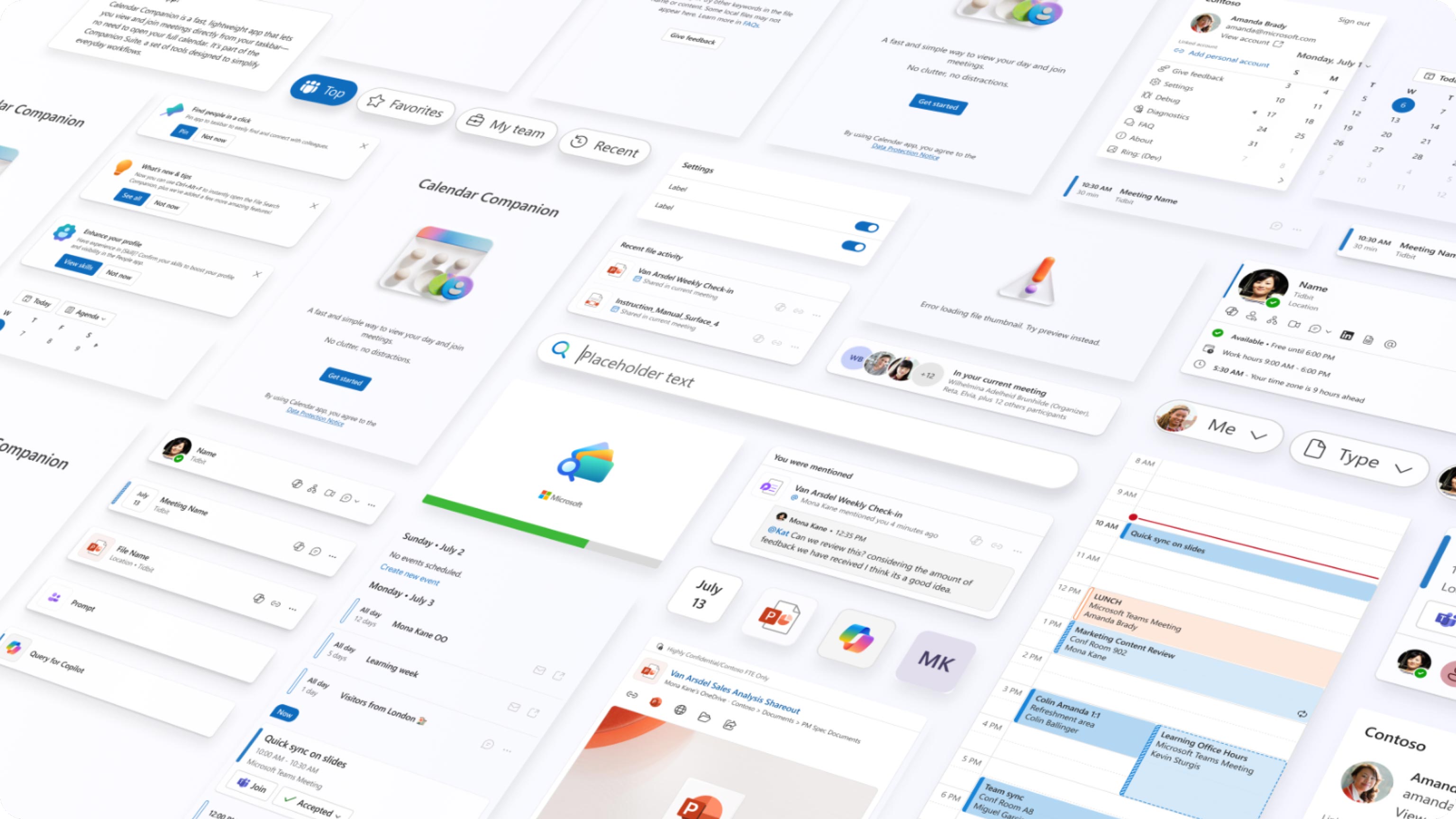 A collage of various app interface elements including calendars, messages, search bars, user profiles, and task lists, presented on a white background in a clean, modern design style.