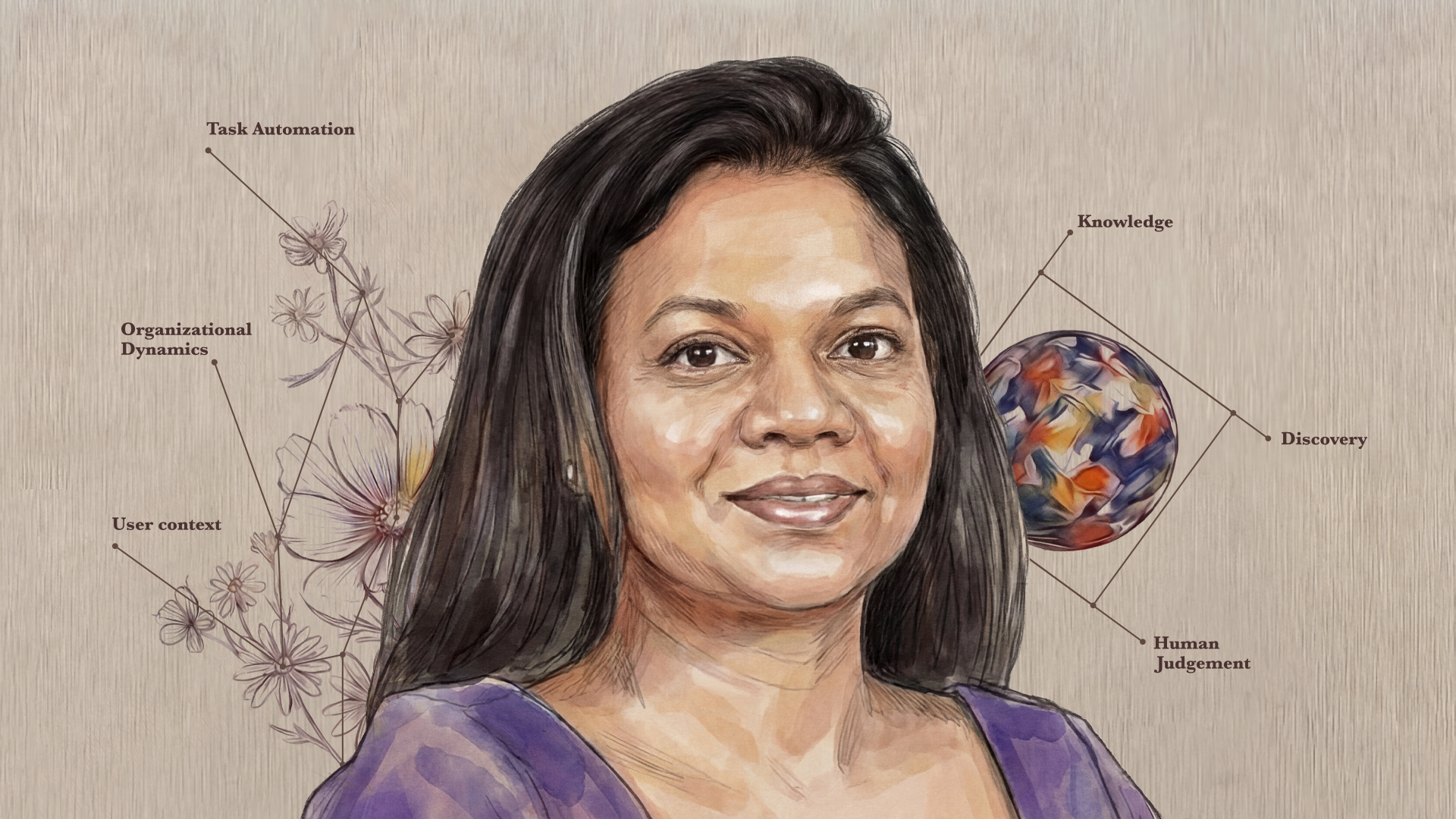 A digital illustration of a woman with long dark hair, wearing a purple top. Diagram labels around her read: Task Automation, Organizational Dynamics, User Context, Knowledge, Discovery, Human Judgement. Abstract shapes fill the background.