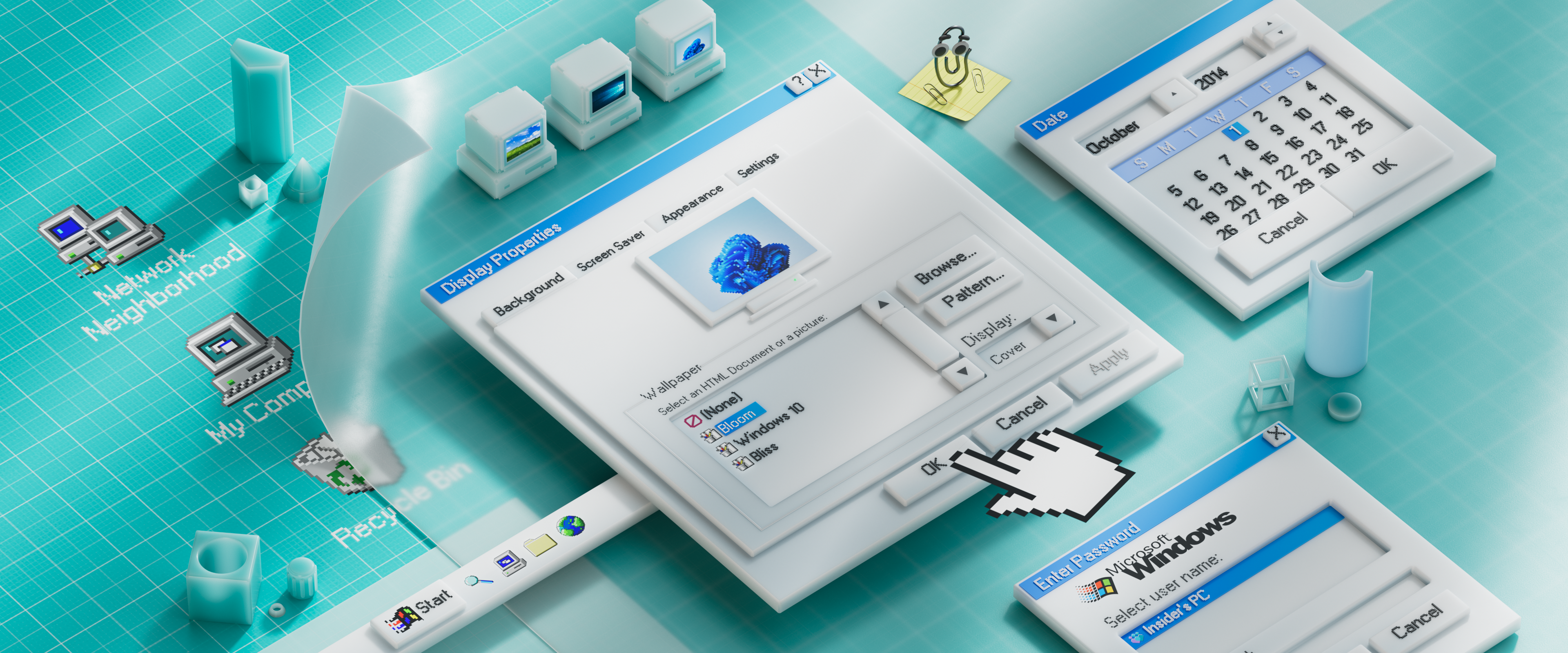 A digital art image of a retro Windows desktop with blue-green grid wallpapers, open dialog boxes, a calendar, and large 3D icons, merging old Windows design with modern 3D graphics.