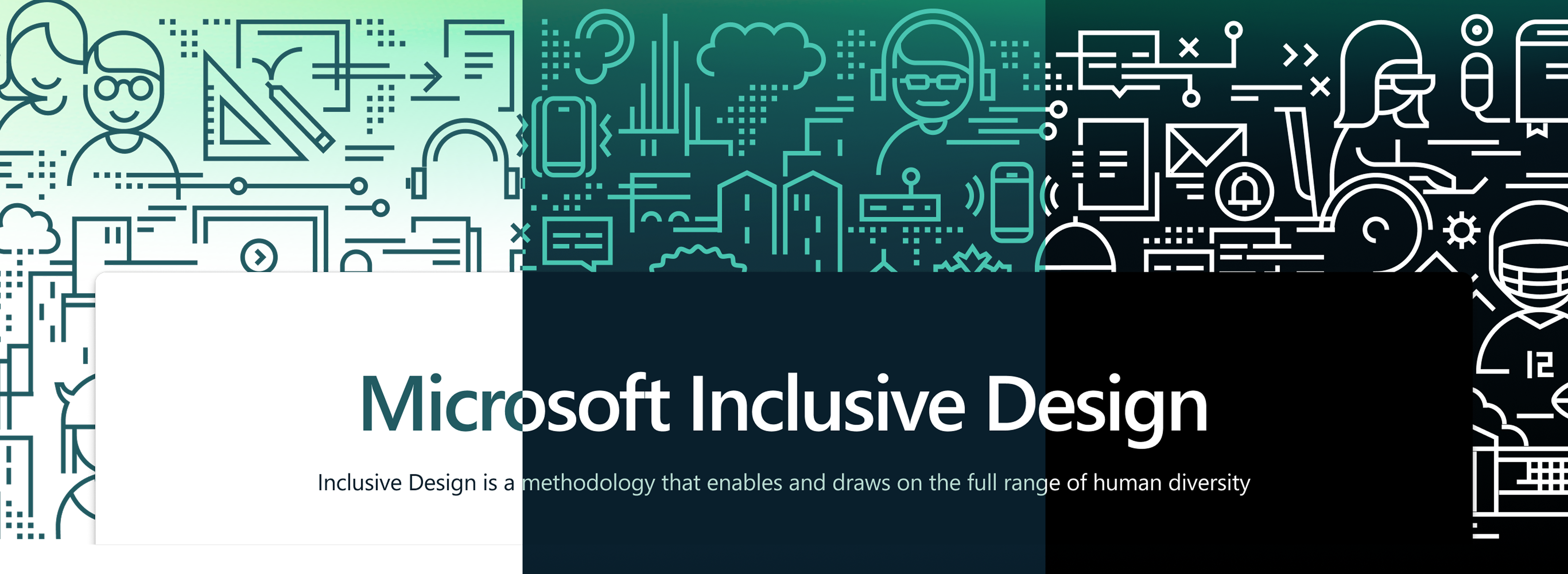 Microsoft Inclusive Design site hero shown in light, dark, and high-contrast themes, featuring line illustrated illustrated people, tools, and technology patterns with the headline “Microsoft Inclusive Design” centered across adaptable visual styles.