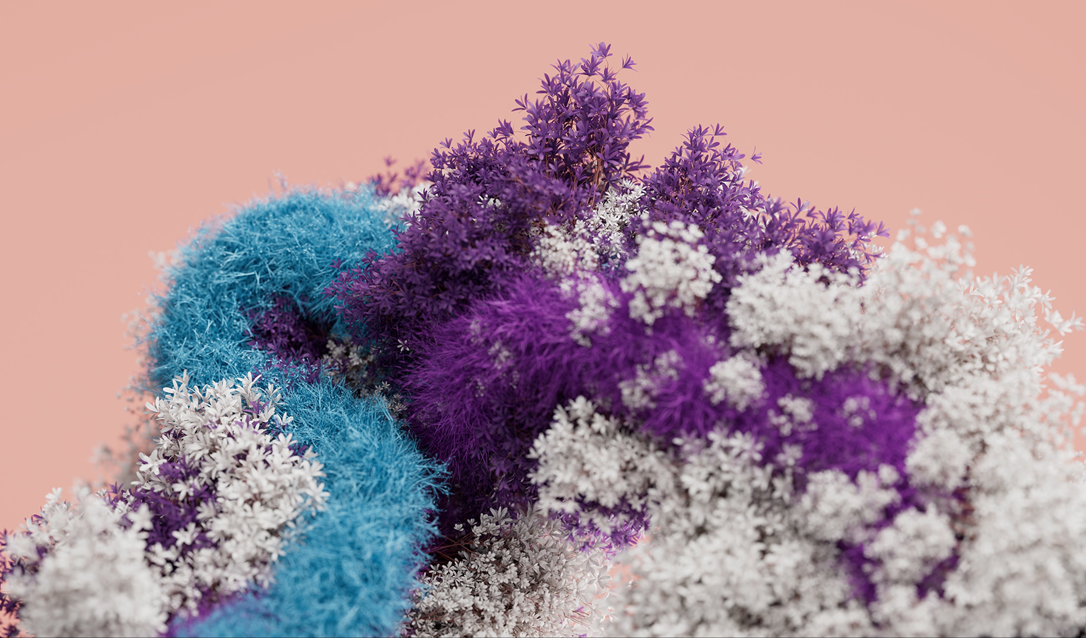 Colorful abstract clusters of fluffy, flower-like textures in white, purple, and blue tones set against a soft peach background, creating a vibrant and dreamy composition.