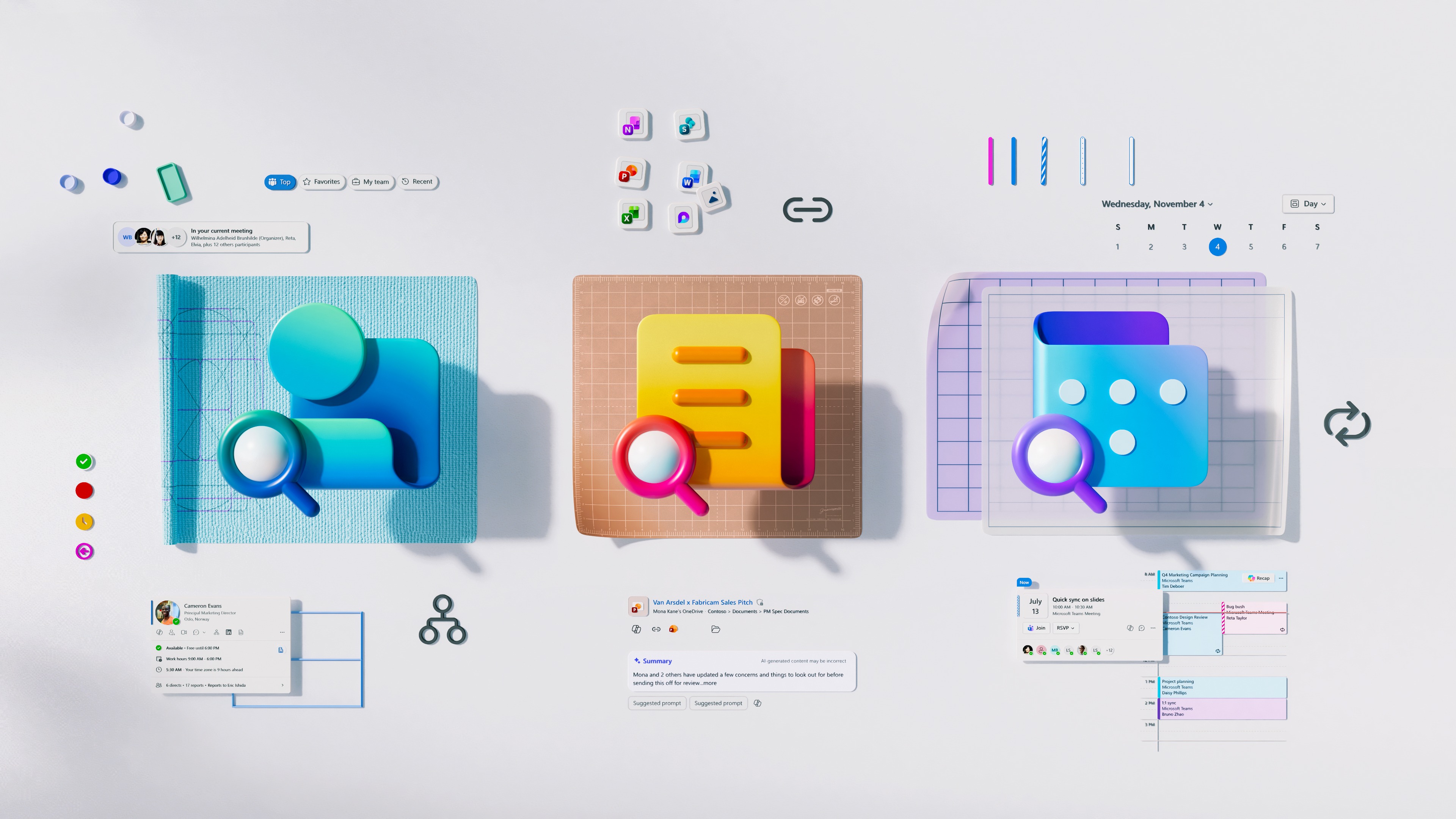 Abstract 3D icons for user profiles, messaging, and calendars are arranged in a row with magnifying glass symbols. Around them are colorful UI elements, avatars, chat bubbles, links, and schedule grids on a white surface.