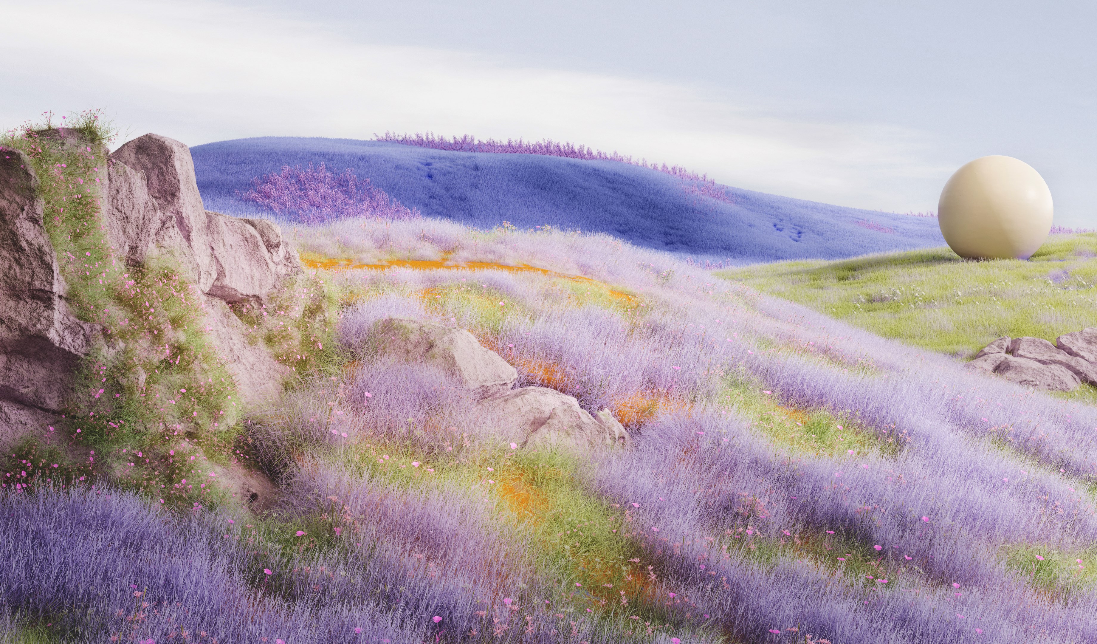 A surreal landscape with rolling hills covered in purple grass, scattered wildflowers, rocky outcrops, and a large, smooth beige sphere standing on the hillside under a pale blue sky.