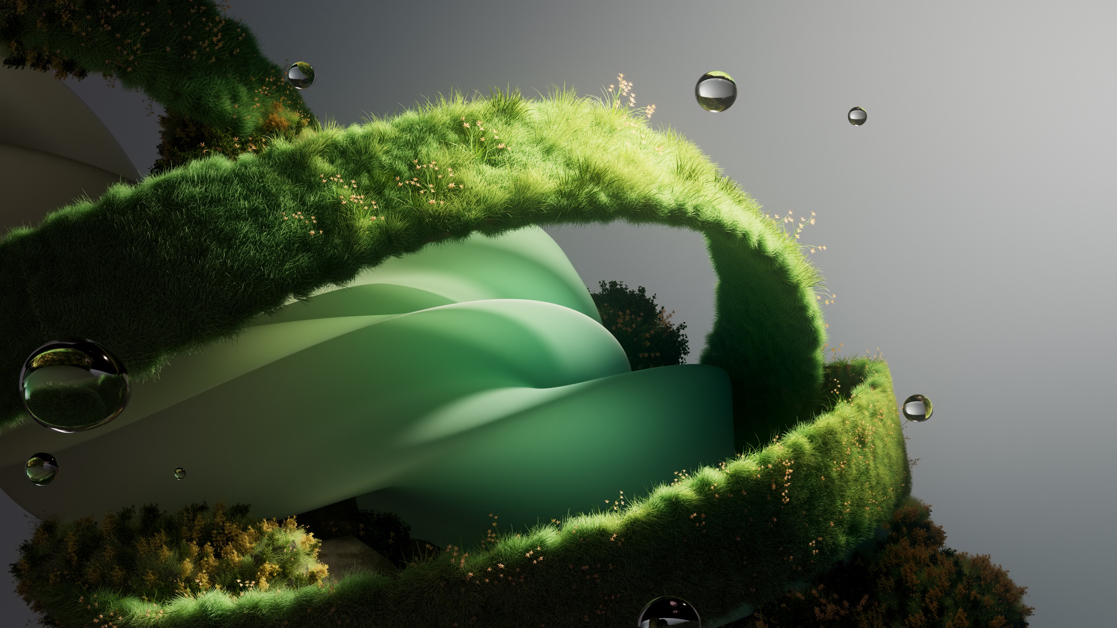 A twisting, ribbon-like structure covered in grass and small flowers spirals through the image, surrounded by smooth, green abstract shapes and floating water droplets against a neutral background.