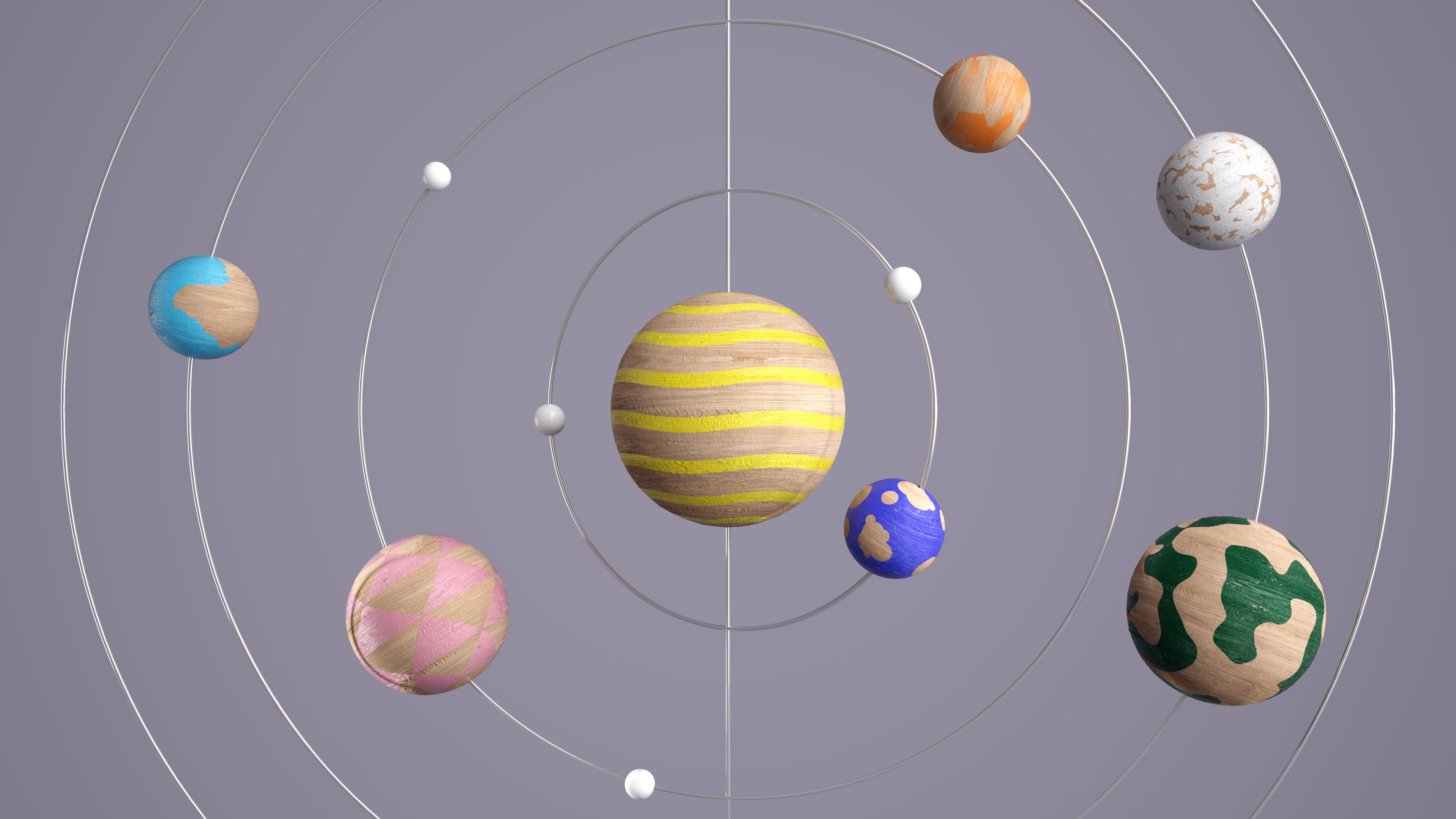 A stylized model of a solar system with a large striped planet in the center, surrounded by six colorful, textured planets and white spheres, all set against a gray background with orbital paths.