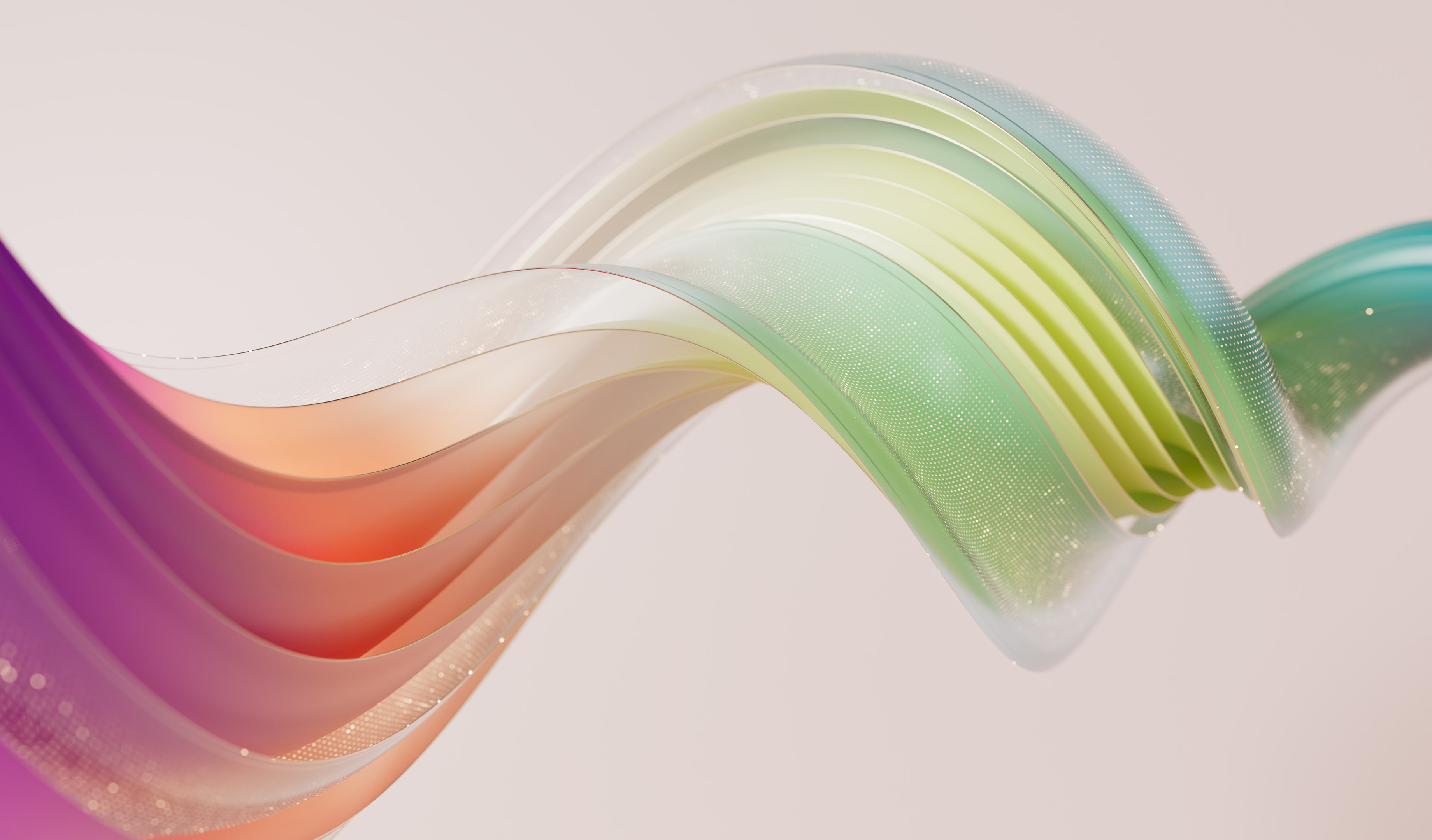 A smooth, abstract wave made of layered, translucent ribbons in pastel colors—purple, pink, orange, yellow, green, and blue—curves gracefully against a pale background. Subtle sparkles add a sense of lightness and movement.