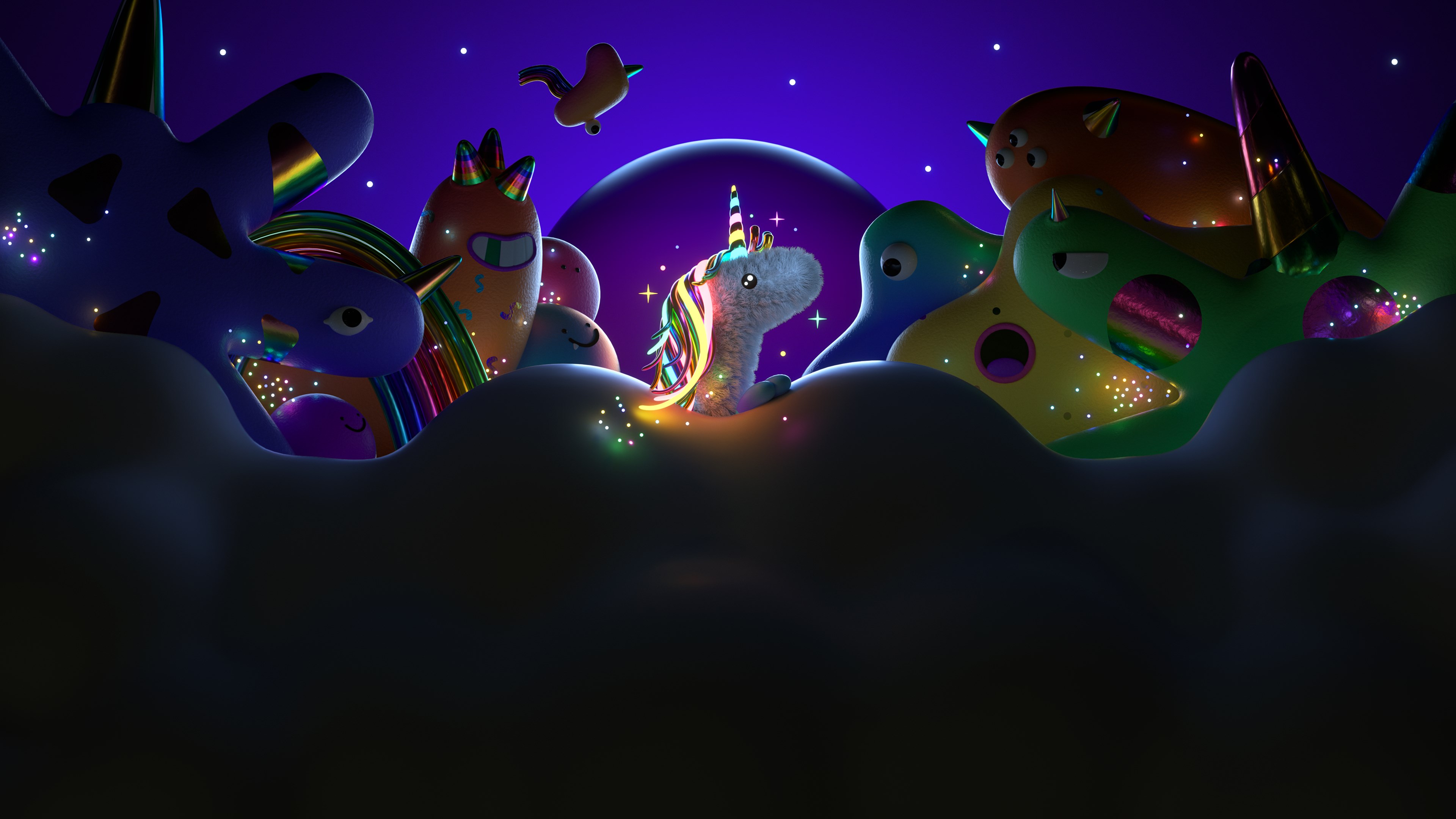 A glowing unicorn with a rainbow mane stands on a cloud, surrounded by colorful, cartoonish creatures with expressive faces under a starry purple sky. A small bird flies overhead.