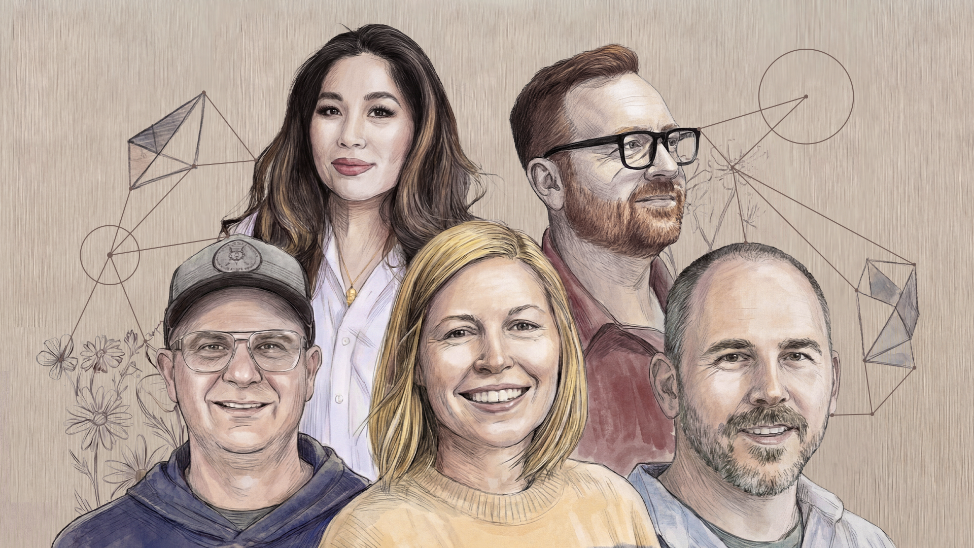 A hand-drawn illustration of five smiling adults—three men and two women—standing in front of a beige background with geometric shapes and floral designs sketched behind them.