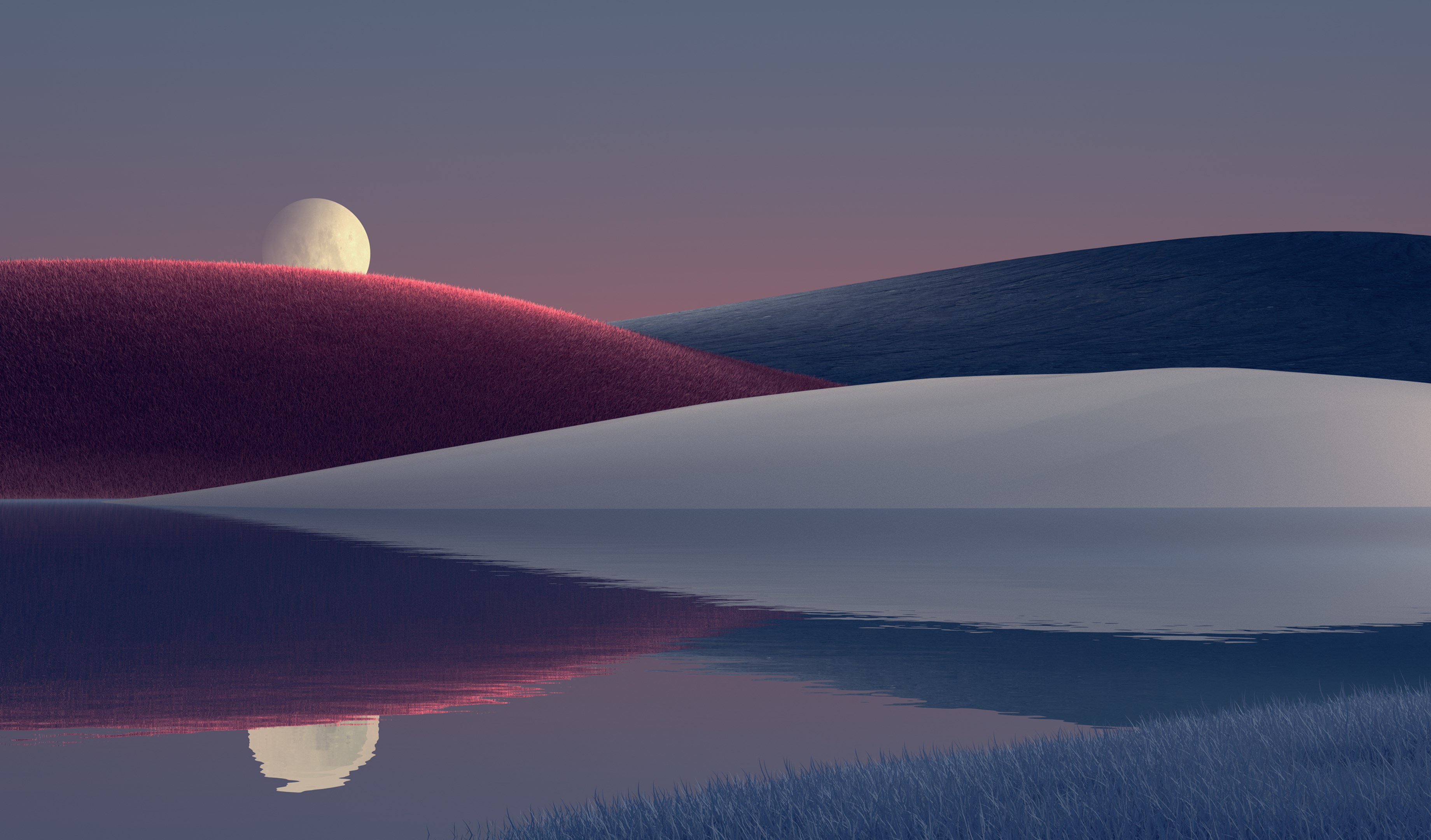 A serene landscape with rolling hills in red and blue, a calm reflective lake, and the moon rising above the horizon under a pastel twilight sky.