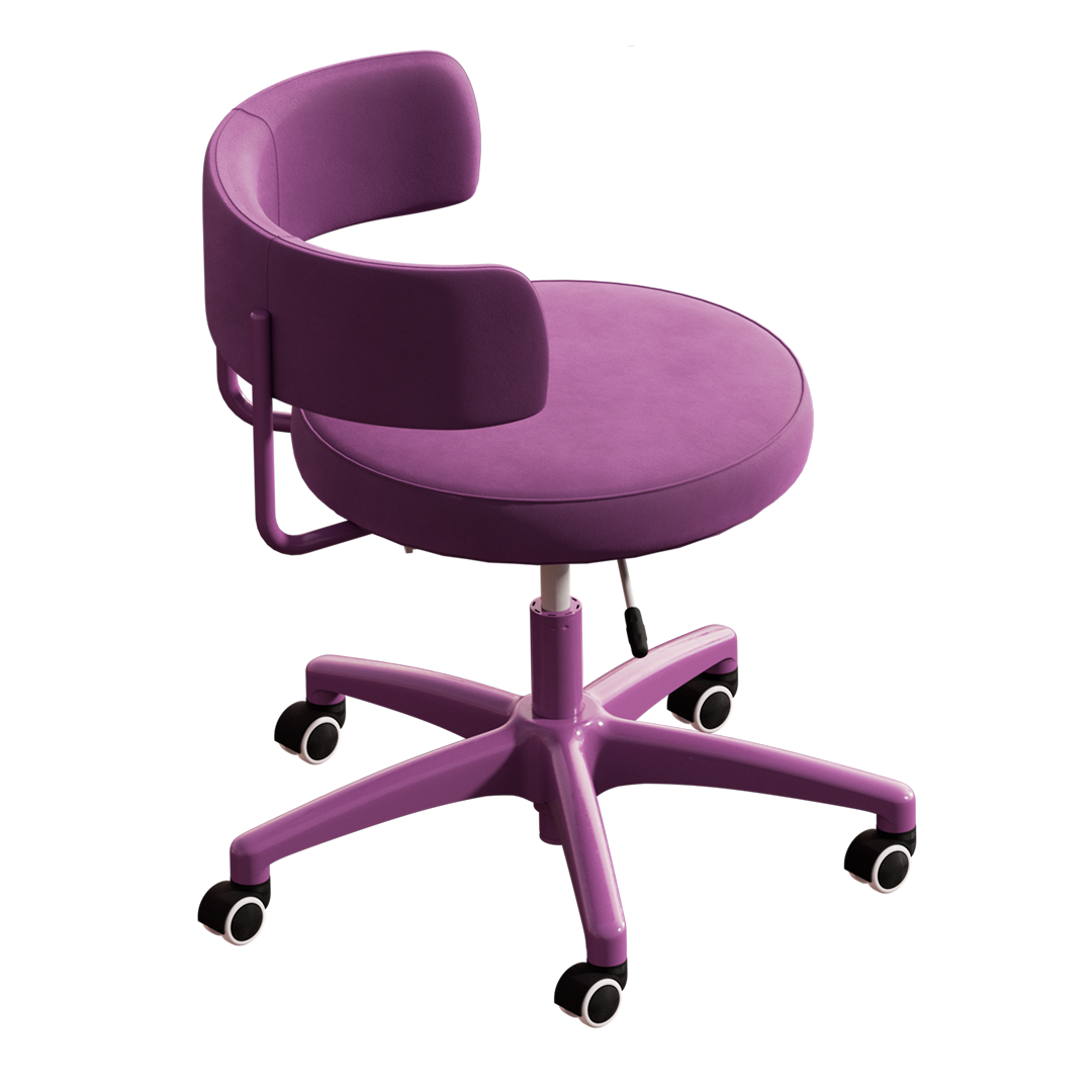 A modern office chair with a round seat and curved backrest, upholstered in purple fabric. The chair has a five-wheel purple base and adjustable height lever.