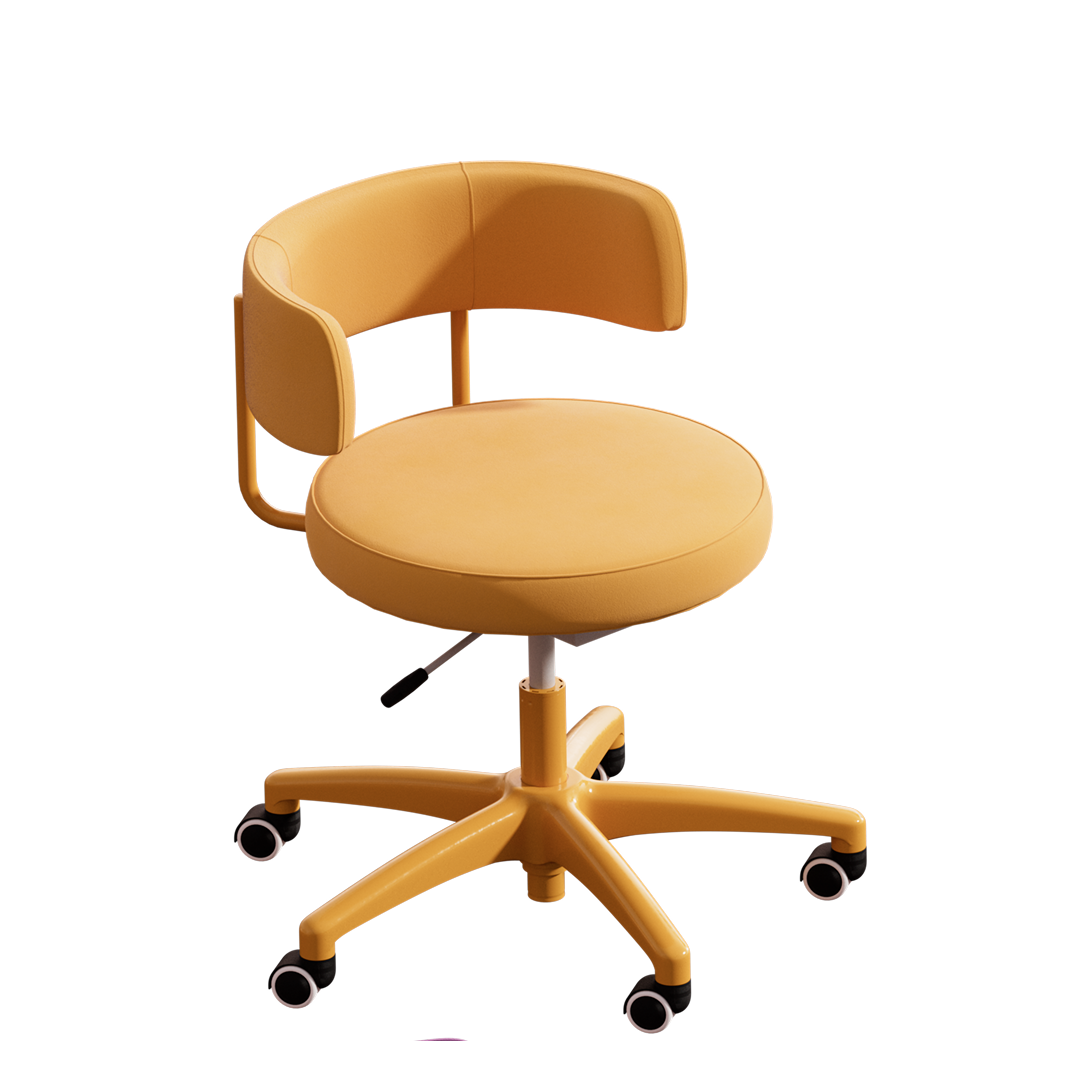 A modern yellow office chair with a round seat, open curved backrest, and five wheels on a sturdy base, set against a plain white background.