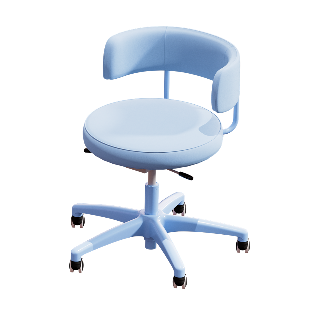 A modern, light blue office chair with a curved backrest, round seat, and five caster wheels, set against a plain white background.
