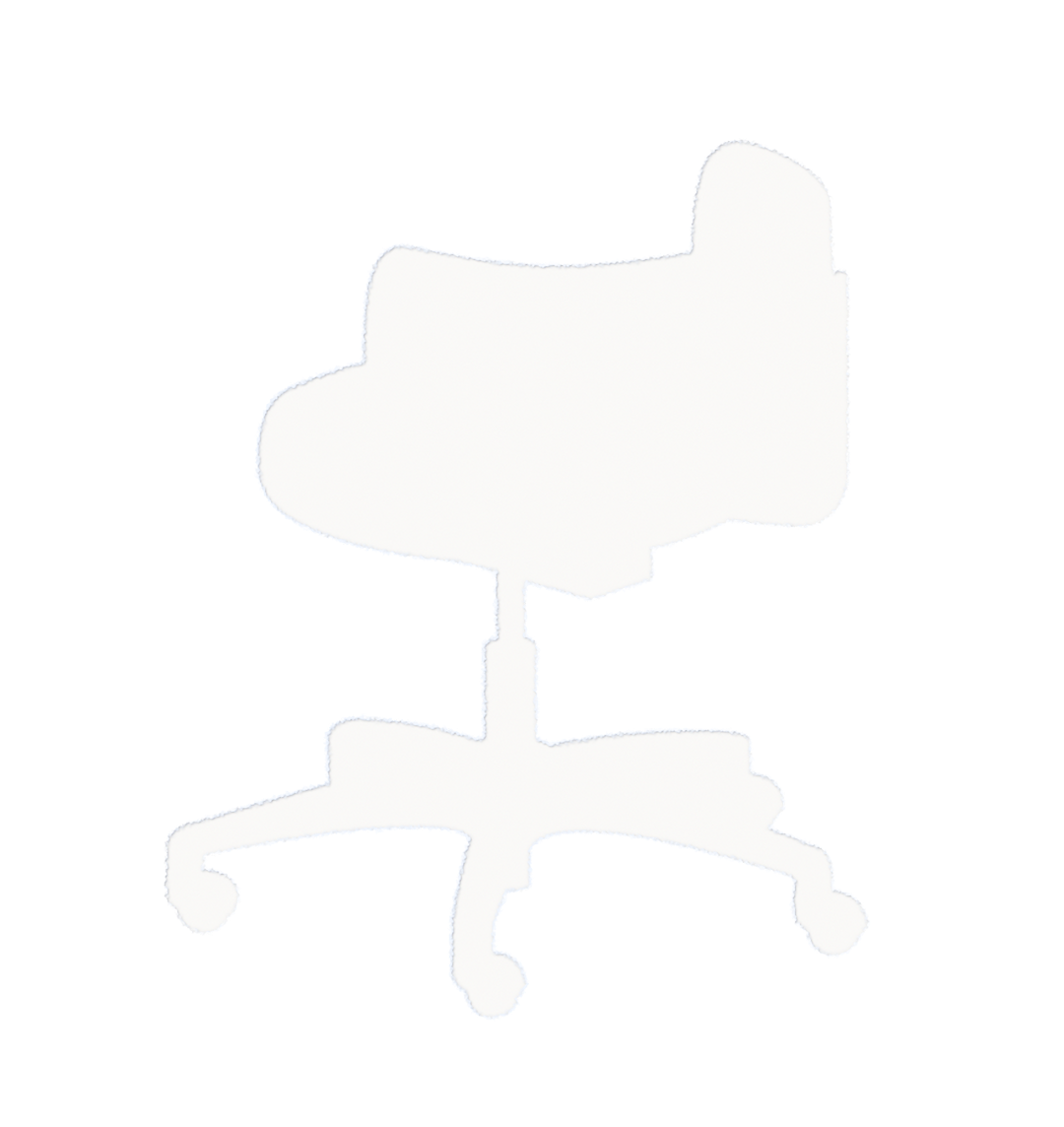 A minimalist silhouette of an office chair with wheels, seen from the side, on a plain light background.