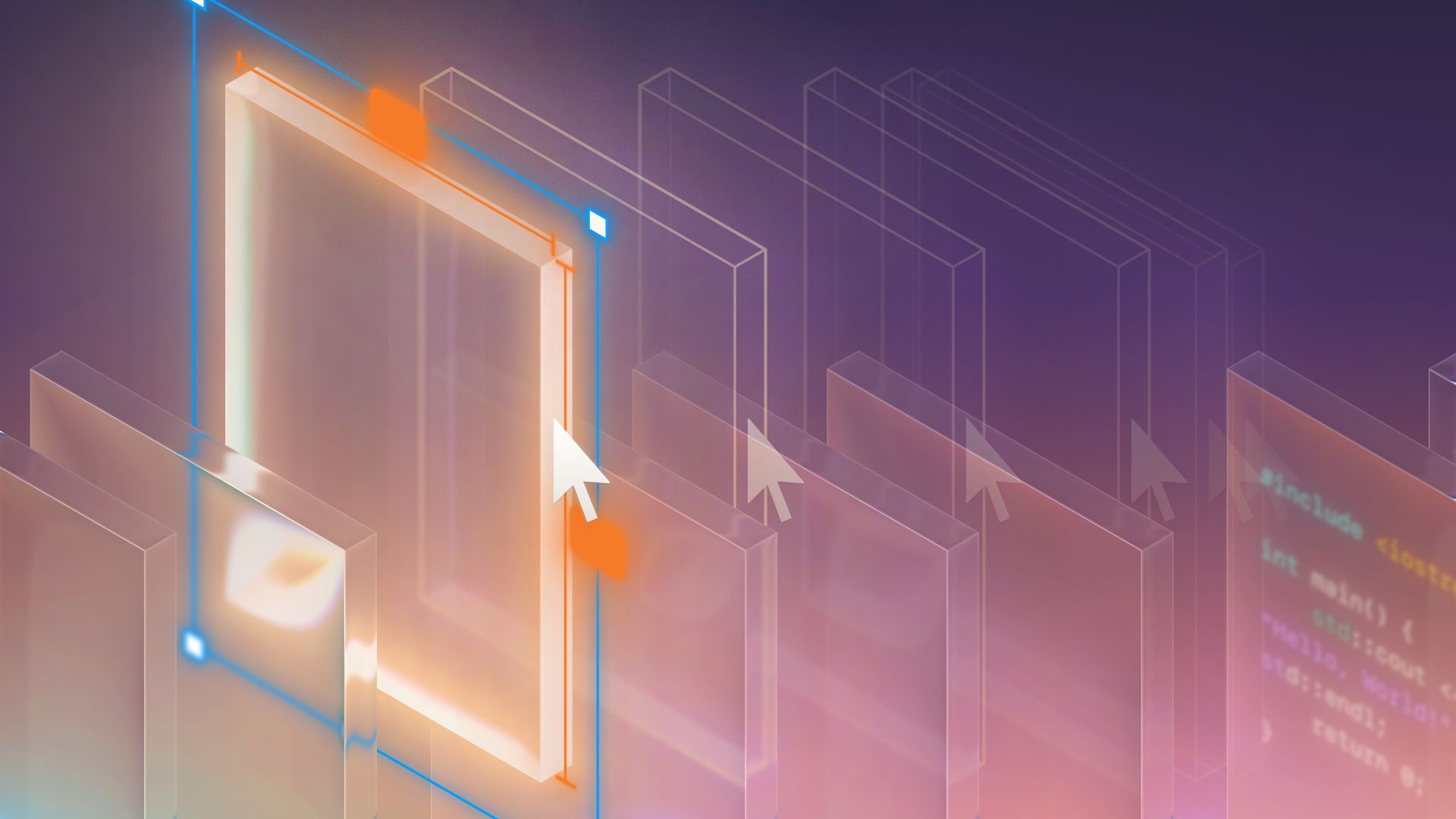 A digital illustration of layered, transparent rectangles with glowing edges, mouse cursors, and code snippets, representing software or UI/UX design in a futuristic style.