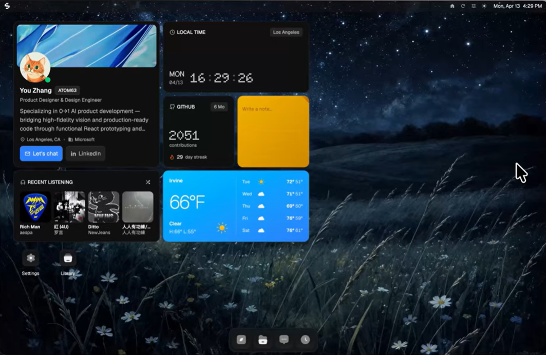 A computer desktop with widgets showing time, date, weather in Irvine, a GitHub streak, recent music, and a profile for You Zhang. The background is a night sky over a grassy field with daisies.
