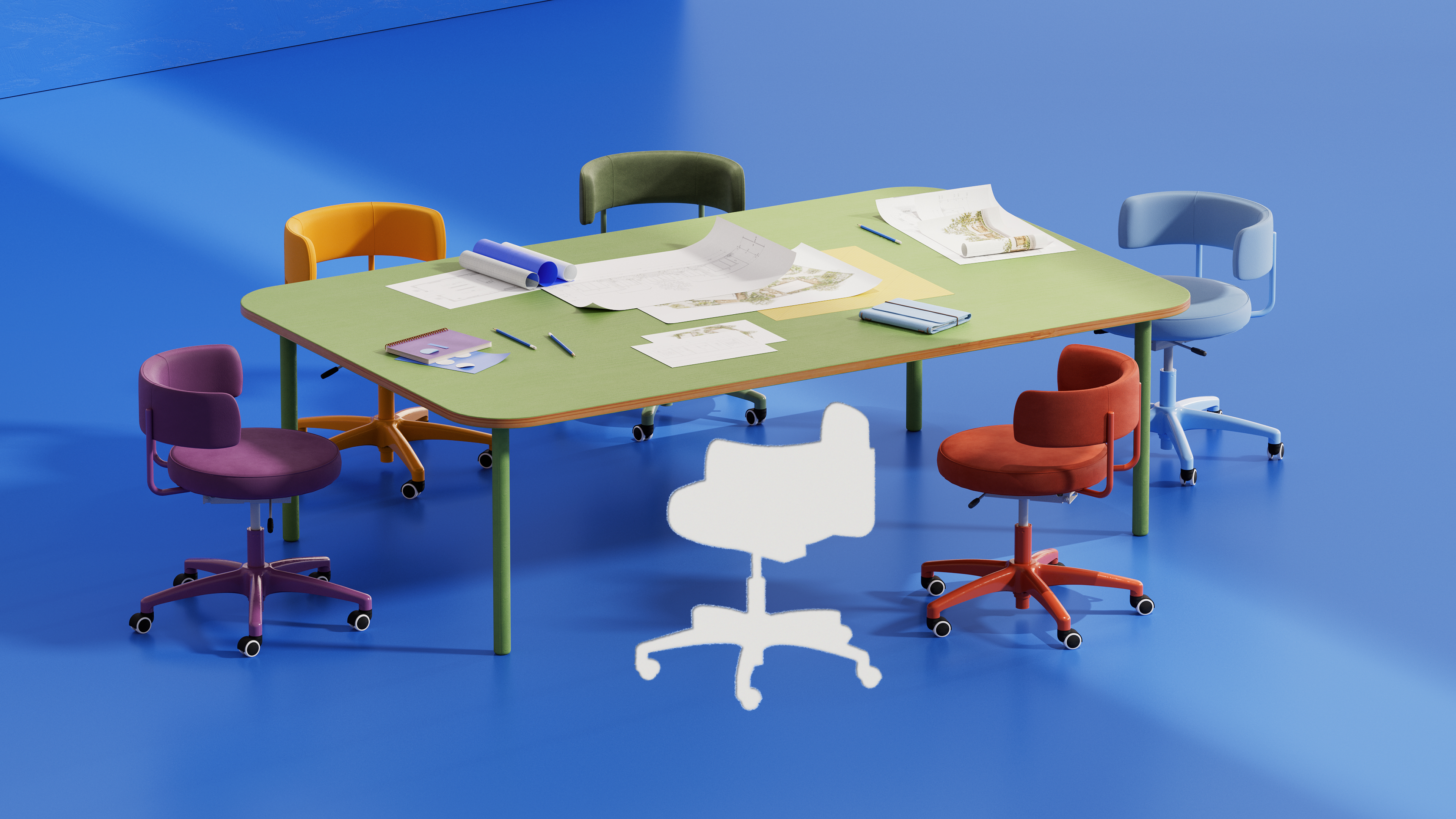 A green rectangular table with papers, pencils, and books, surrounded by colorful office chairs—red, orange, green, purple, and blue—on a bright blue floor. One chair at the front is shown as a white silhouette.