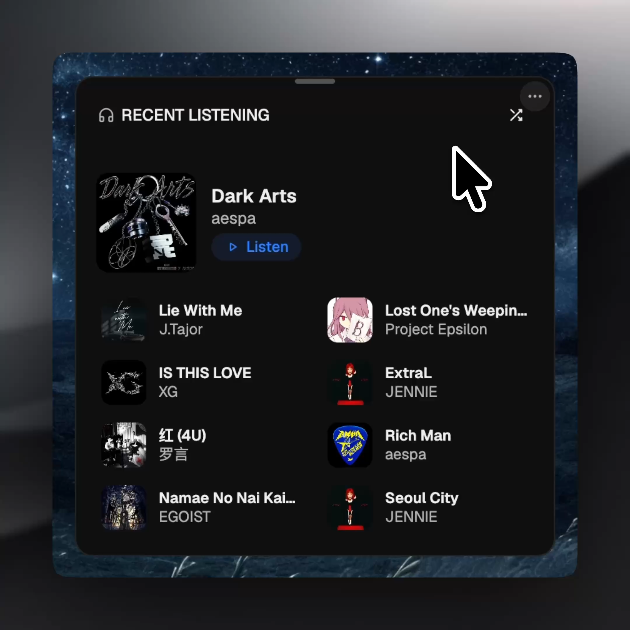 A digital music widget displays recent listening history with song titles, artists, and cover art. The top track is "Dark Arts" by aespa, with a blue "Listen" button and a large cursor pointing at the selection.