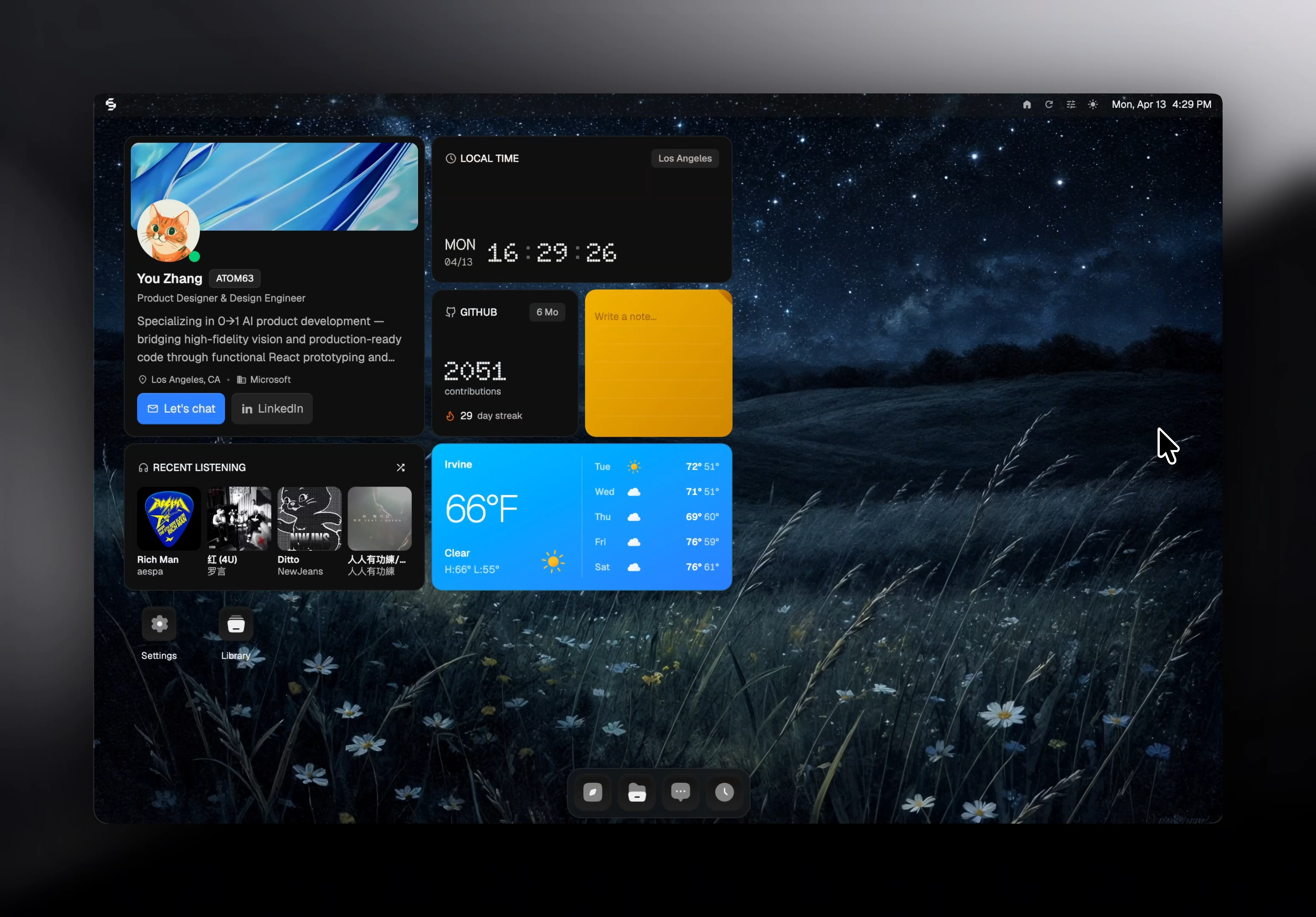 A computer desktop screen displays a personal dashboard with widgets for time, date, weather, Spotify music, profile info, and system status, set against a night-time field wallpaper with wildflowers and a starry sky.