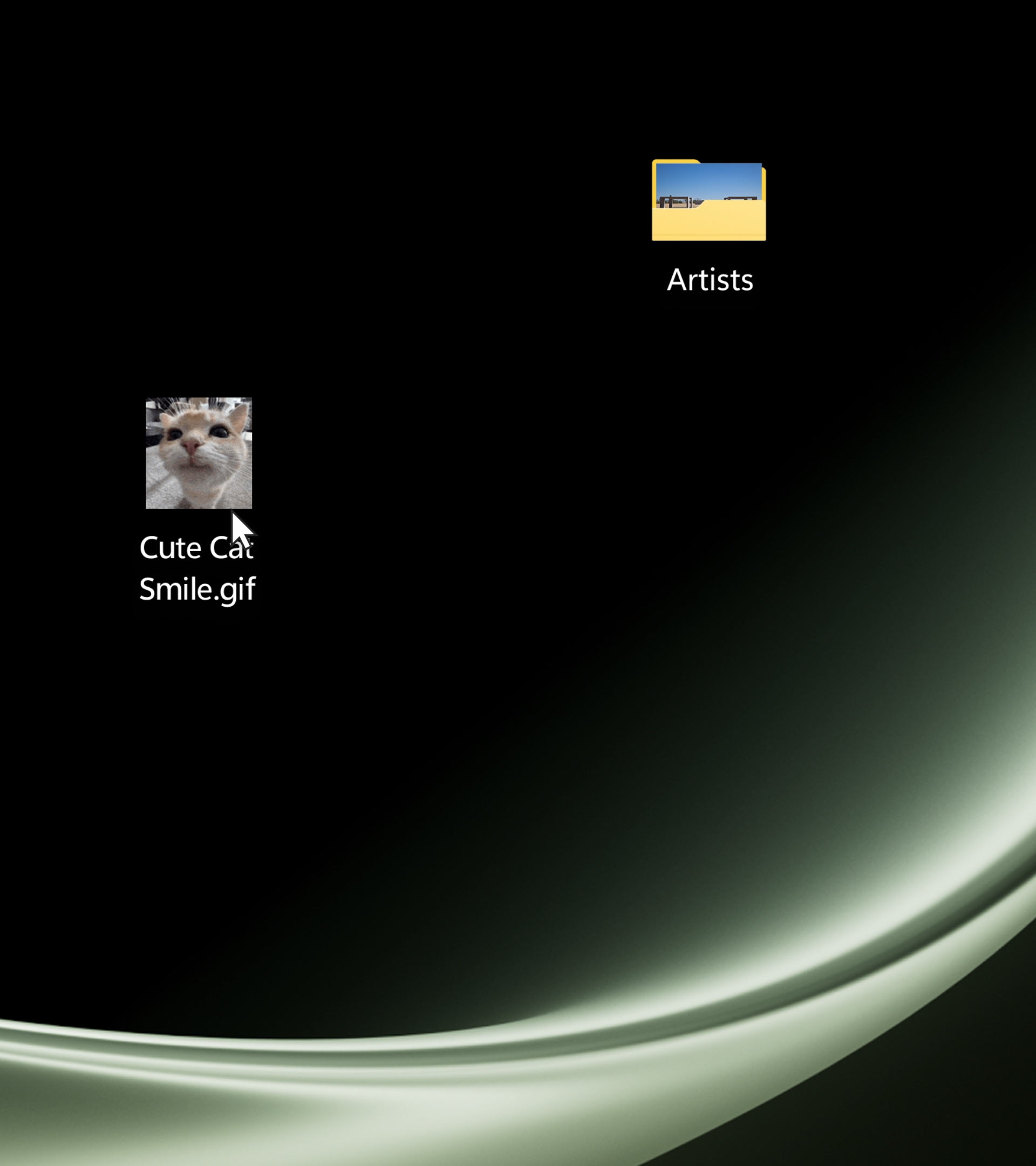 A computer desktop with a folder labeled "Artists" and a file labeled "Cute Cat Smile.gif," which shows a small image of a cat's face. The background is black with a light wave design.