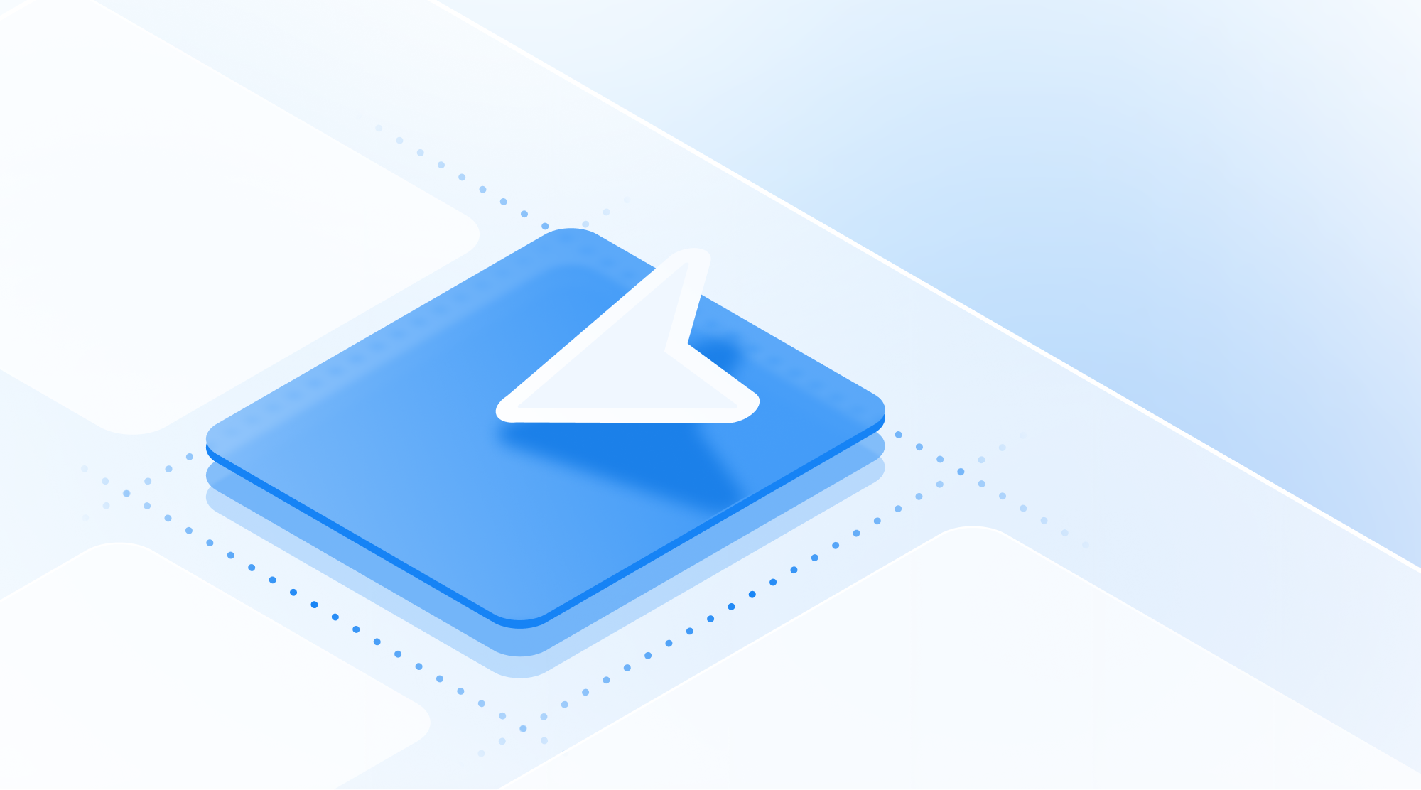 A stylized 3D blue square button with a white paper airplane icon in the center, set against a light blue and white abstract background with dotted lines and subtle gradients.