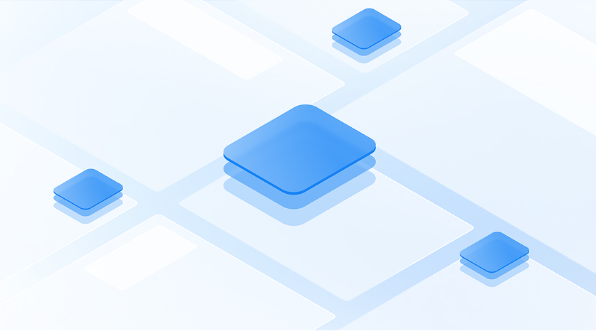 Abstract digital illustration featuring several floating blue squares of varying sizes, with soft shadows, arranged on a light blue and white geometric background. The overall design is modern and minimalist.