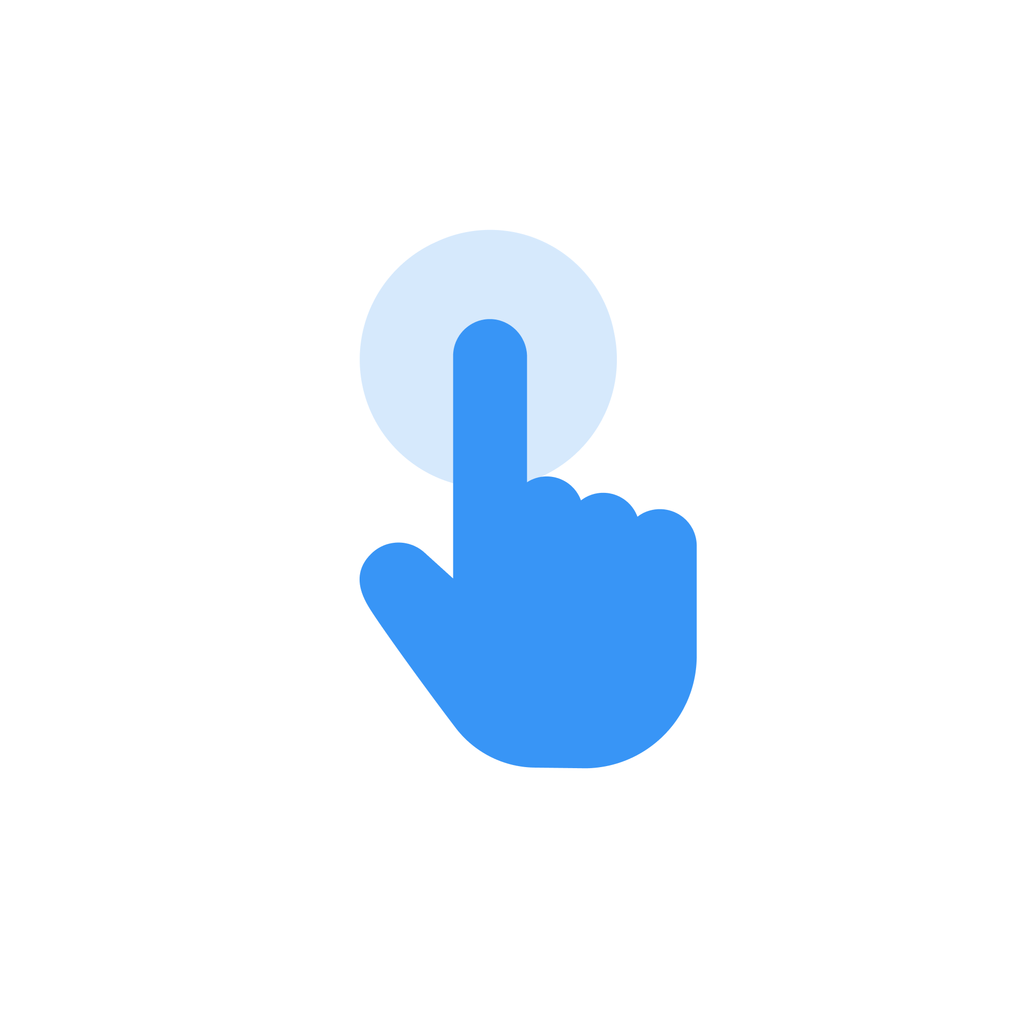 A blue hand icon with an extended index finger pointing upward, touching a light blue circular button on a white background.