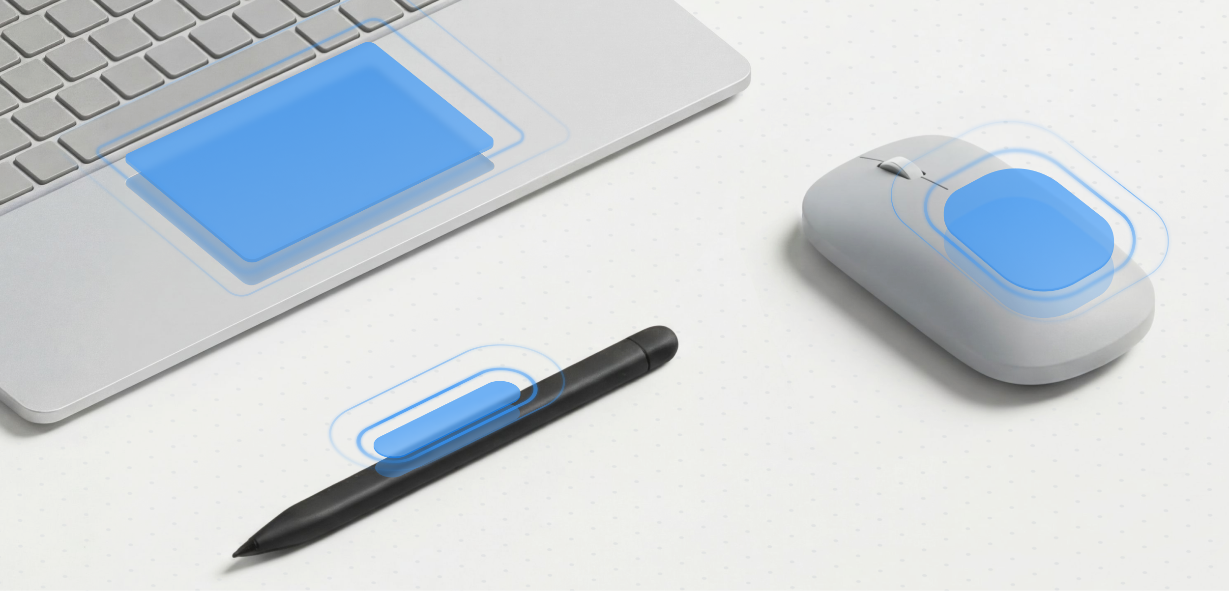 A laptop with a highlighted trackpad, a stylus pen, and a computer mouse with highlighted areas on a white surface, suggesting interactive touch or input zones.