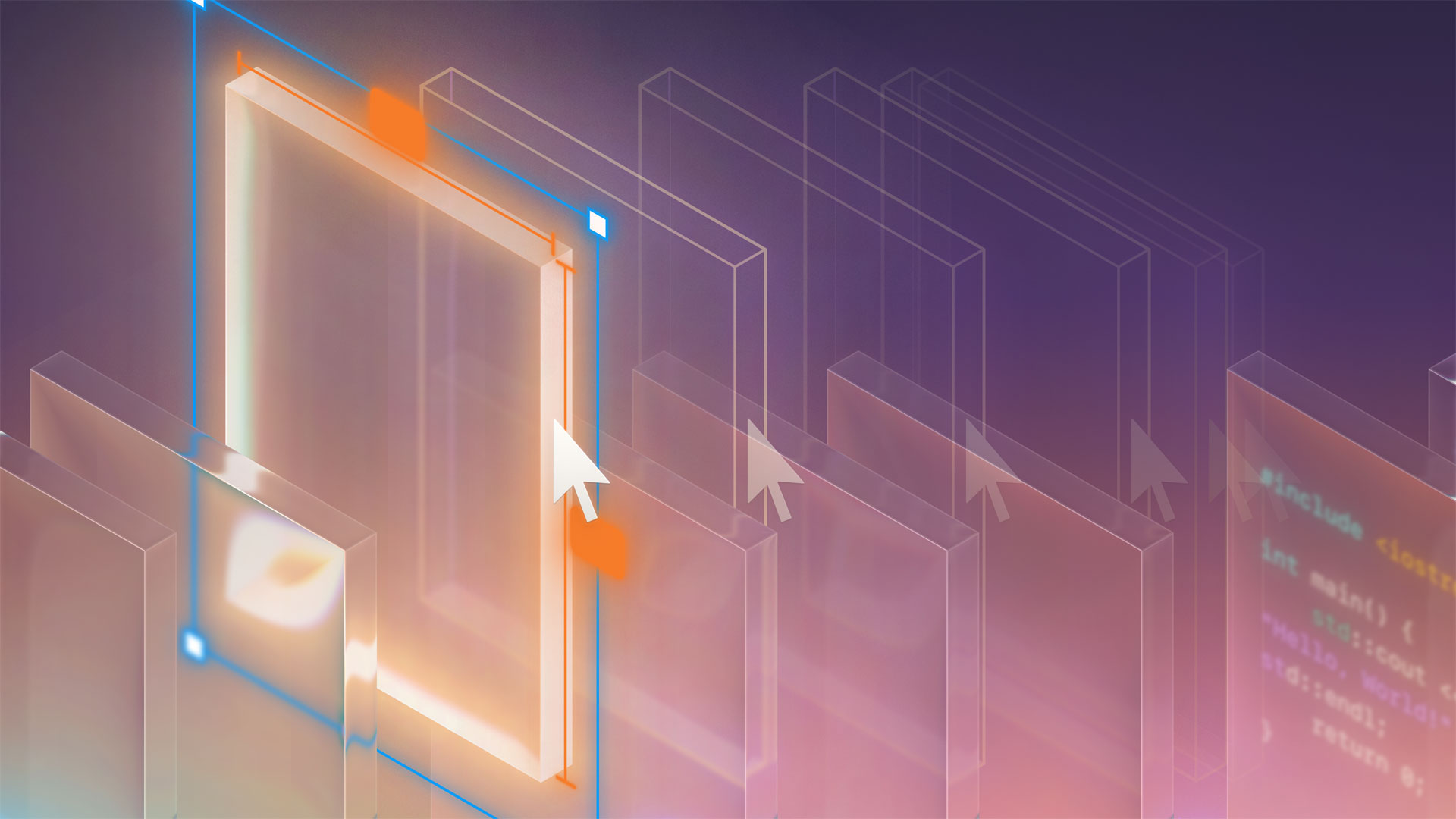 Digital illustration of layered translucent screens with glowing outlines, mouse cursors pointing at highlighted frames, and lines of code visible on the right, representing digital interface or software development concepts.