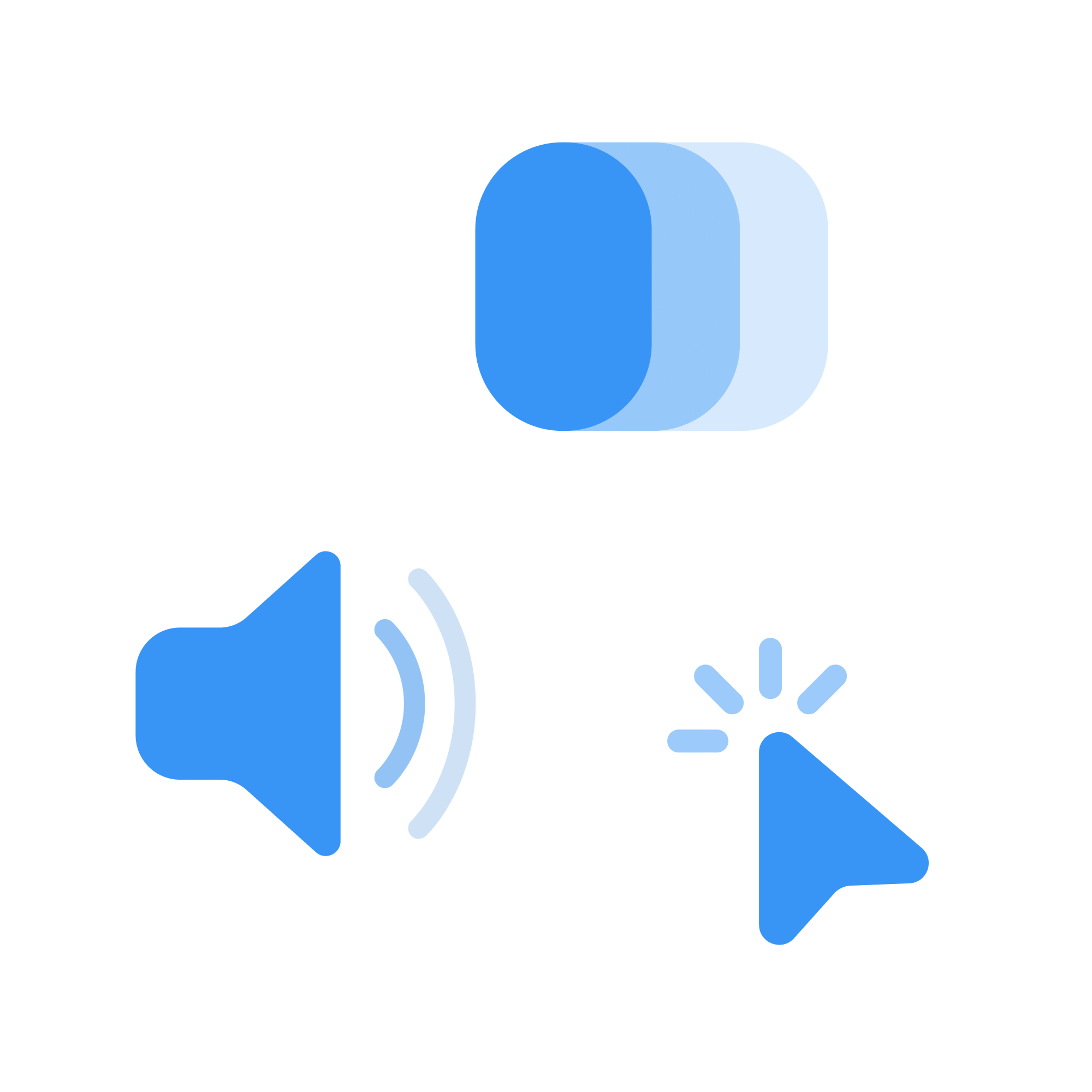A set of blue icons on a white background: a toggle switch, a speaker with sound waves, and a cursor arrow with lines indicating a click.