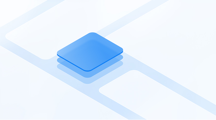 A single blue, translucent square hovers above a light background with geometric lines and faint rectangles, creating a modern, minimalist design.
