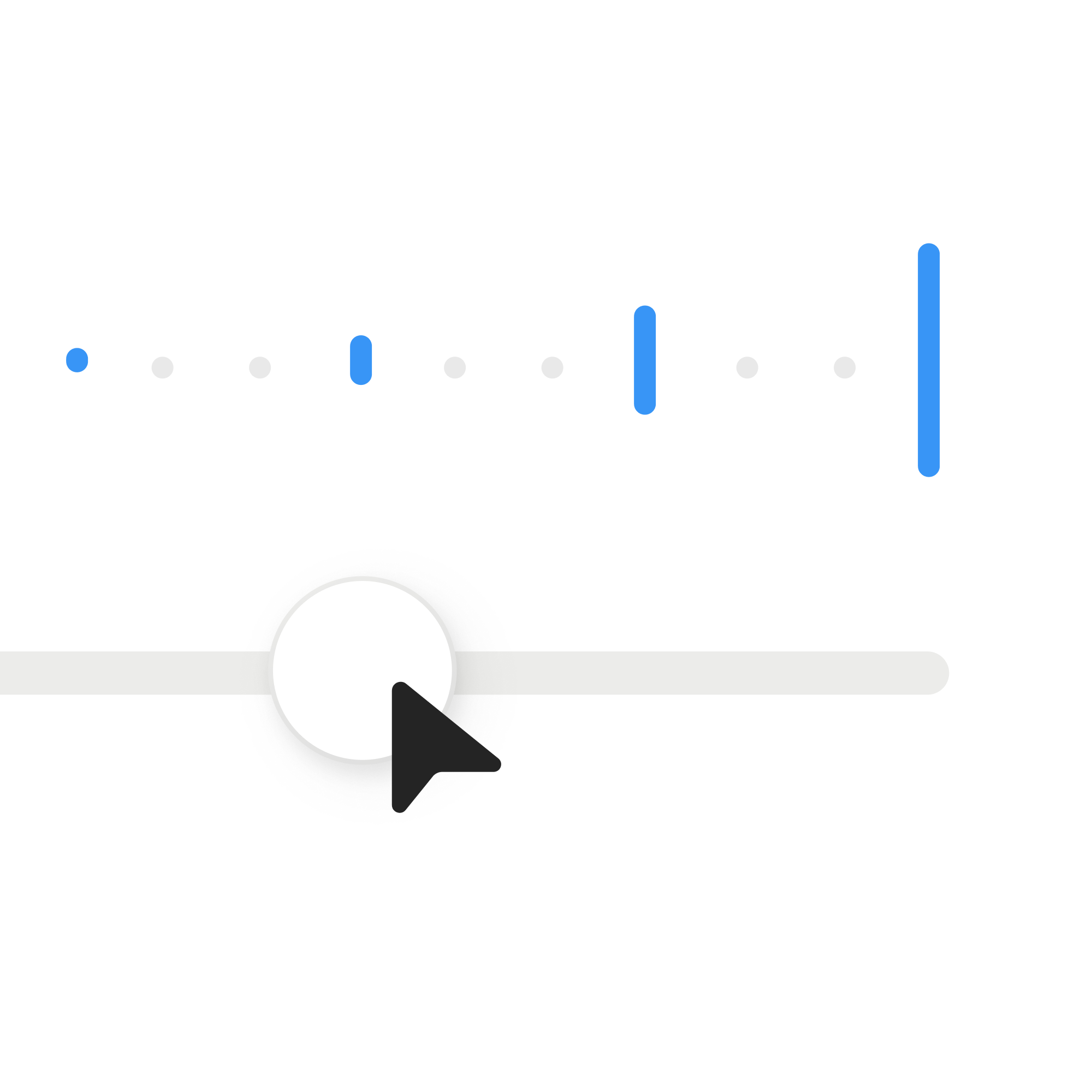 A digital slider with a circular handle being dragged by a black cursor. Blue vertical bars of varying heights appear above the slider, representing different values or levels.
