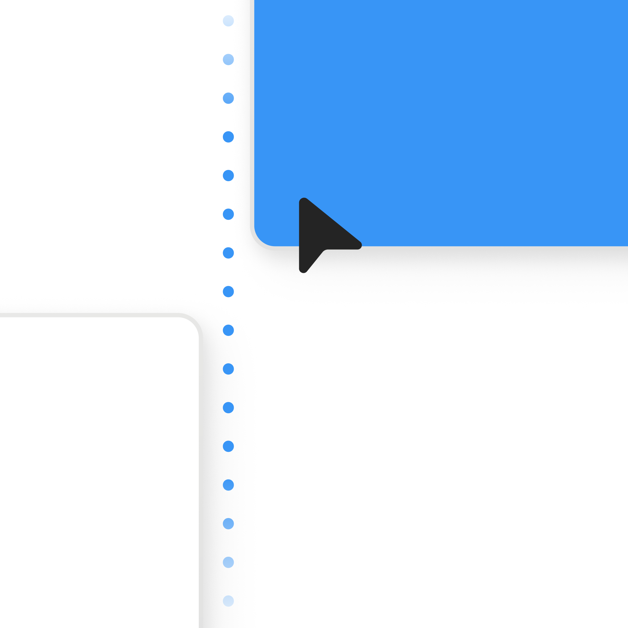 A black triangular cursor points to the corner of a blue rectangle. A vertical dotted blue line divides the white background, with faint gray borders around two white boxes in the layout.