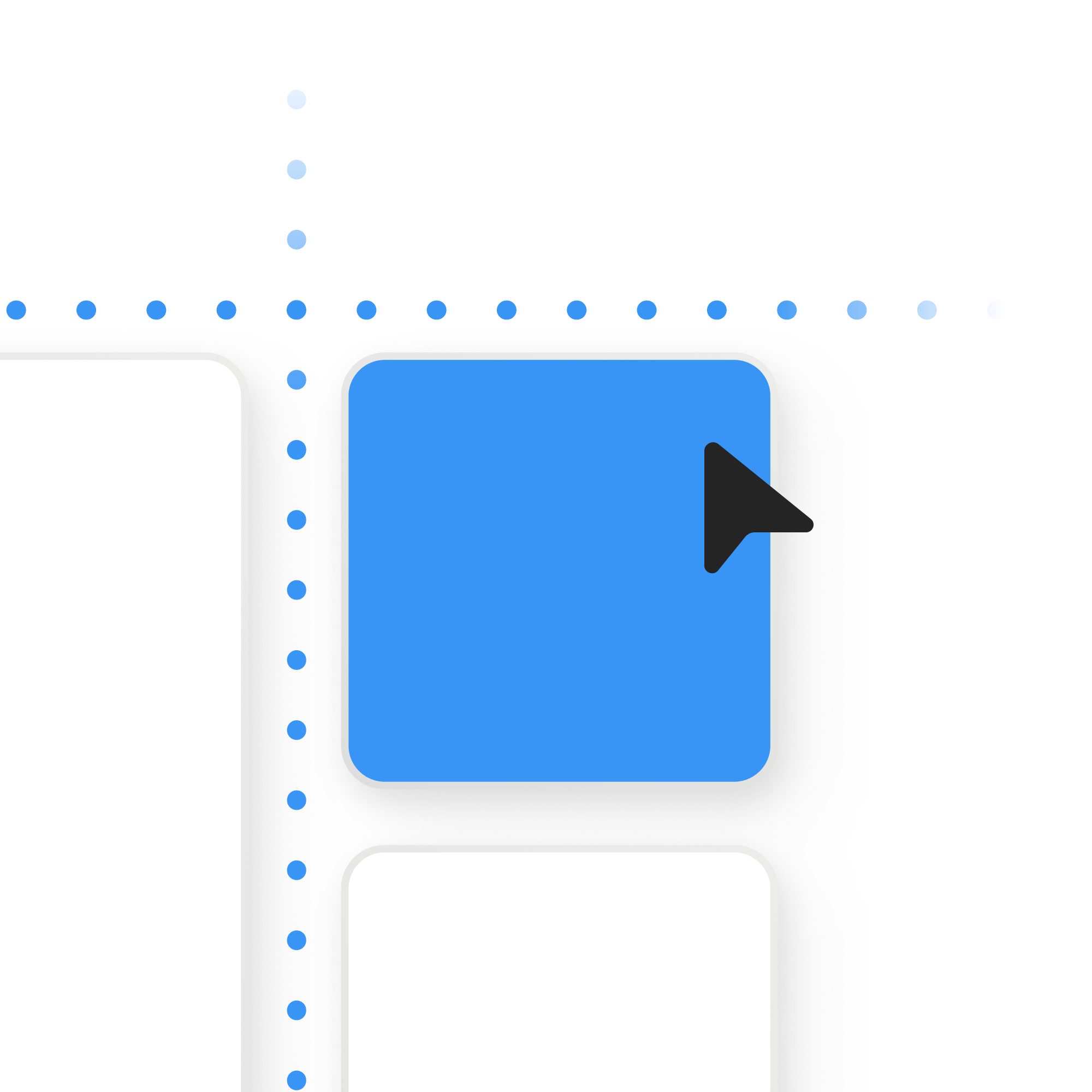 A blue square with rounded corners is selected by a black cursor. Blue dotted lines intersect behind the square, dividing the white background into sections.