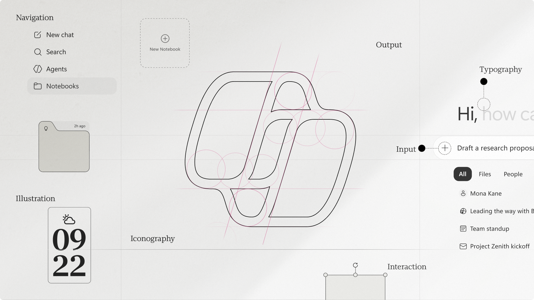 A minimal user interface design features a large outlined abstract logo centered, surrounded by labeled sections: Navigation, Illustration, Iconography, Output, Typography, Input, and Interaction, with various UI elements displayed.