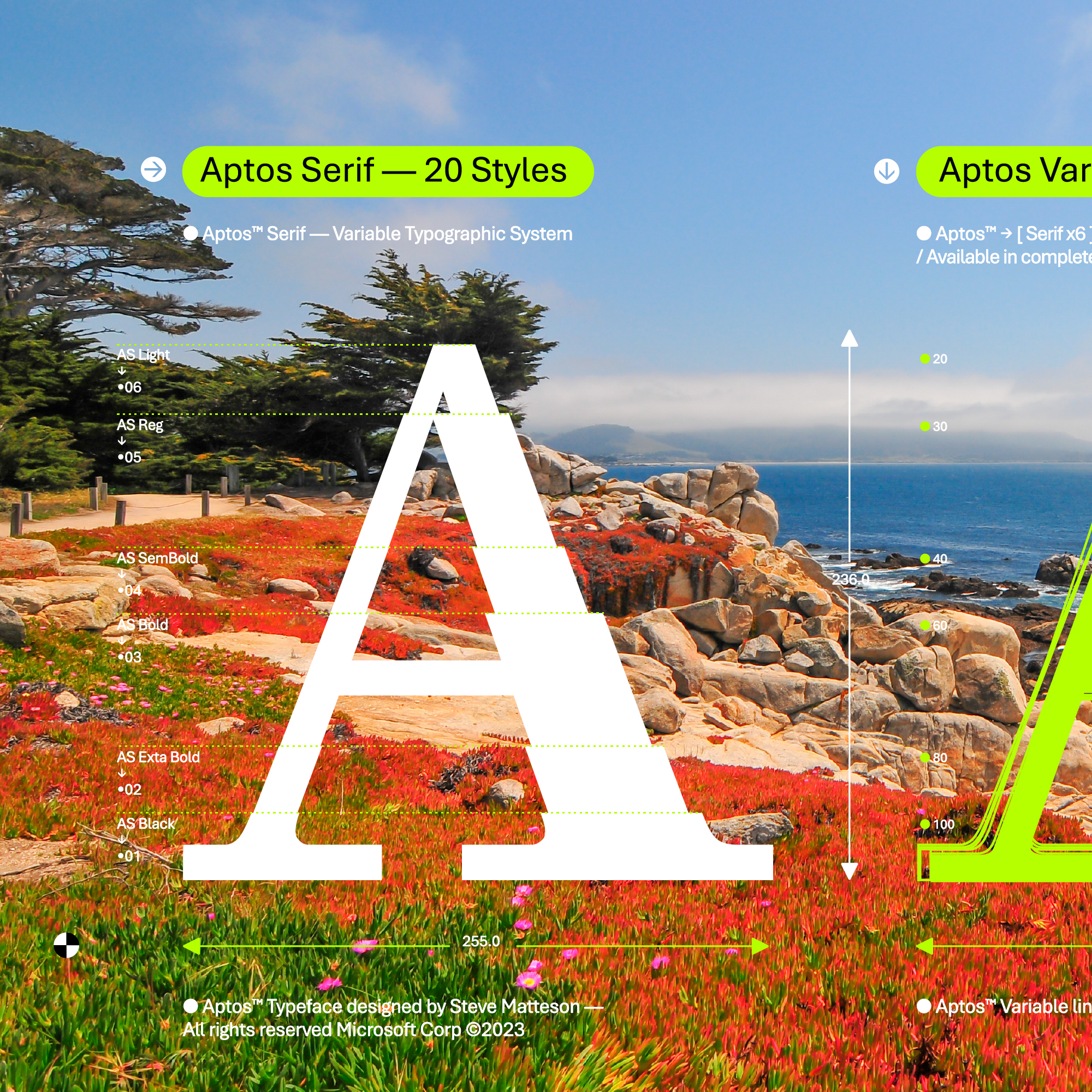 Large white letter "A" with typographic measurements is overlaid on a coastal landscape with cliffs, rocks, trees, and colorful ground cover. Text on image describes Aptos Serif font styles and variable sizing.