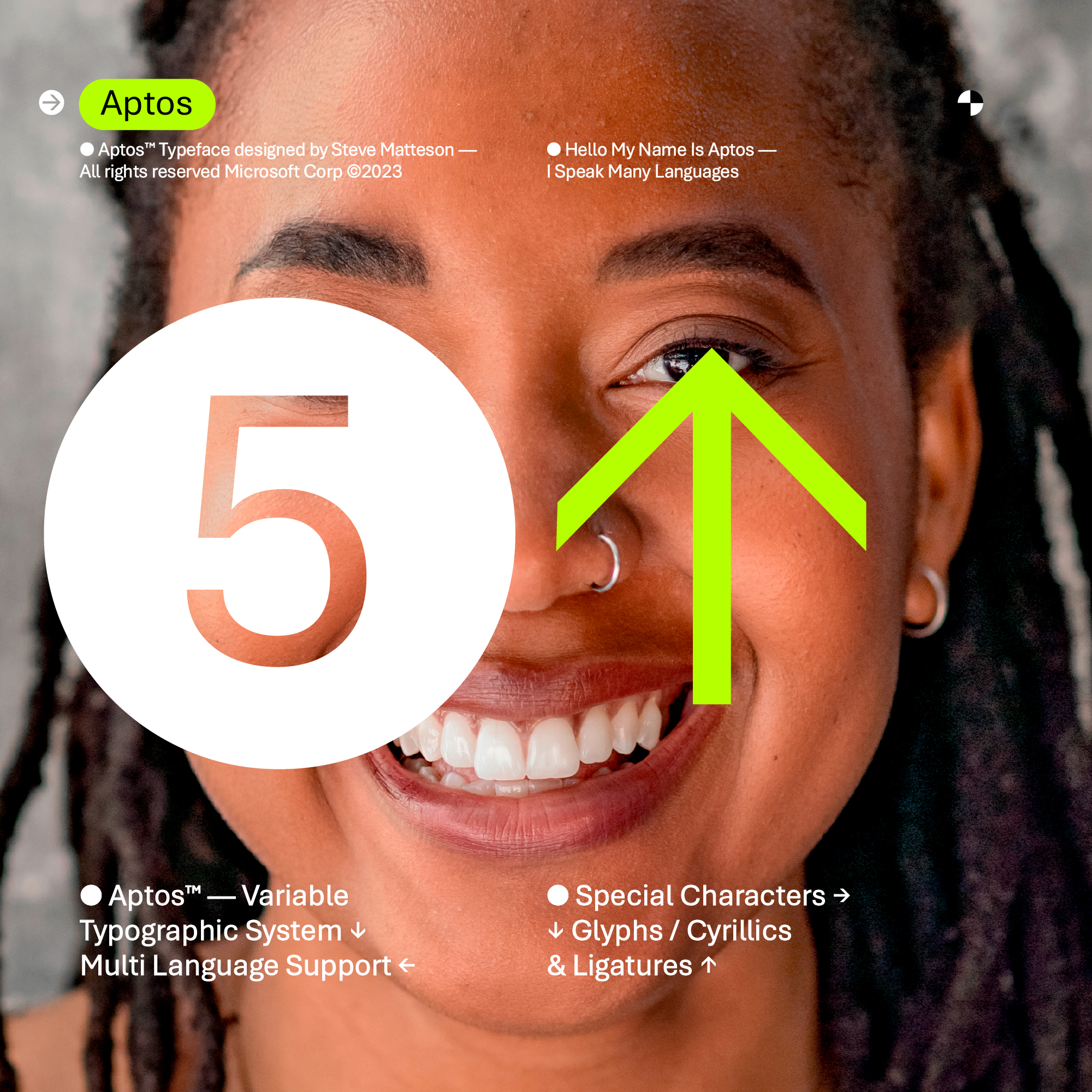 A close-up of a smiling person with dreadlocks, overlaid with bright green text: a large "5", an upward arrow, the word "Aptos", and various typographic notes about language and special character support.