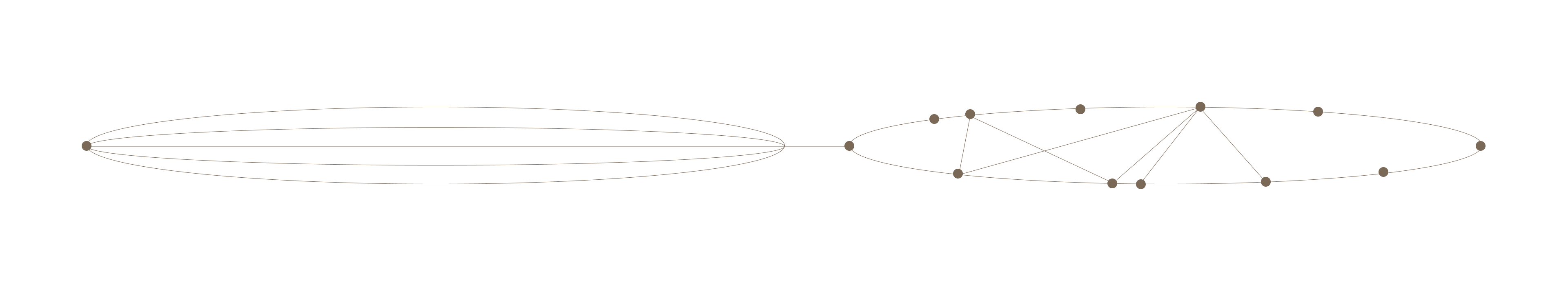 Two oval shapes, each made of dots connected by lines. The left oval has 4 dots with lines forming a complete graph. The right oval has 7 dots, some connected by lines in a more irregular pattern. Both appear as simple network diagrams.