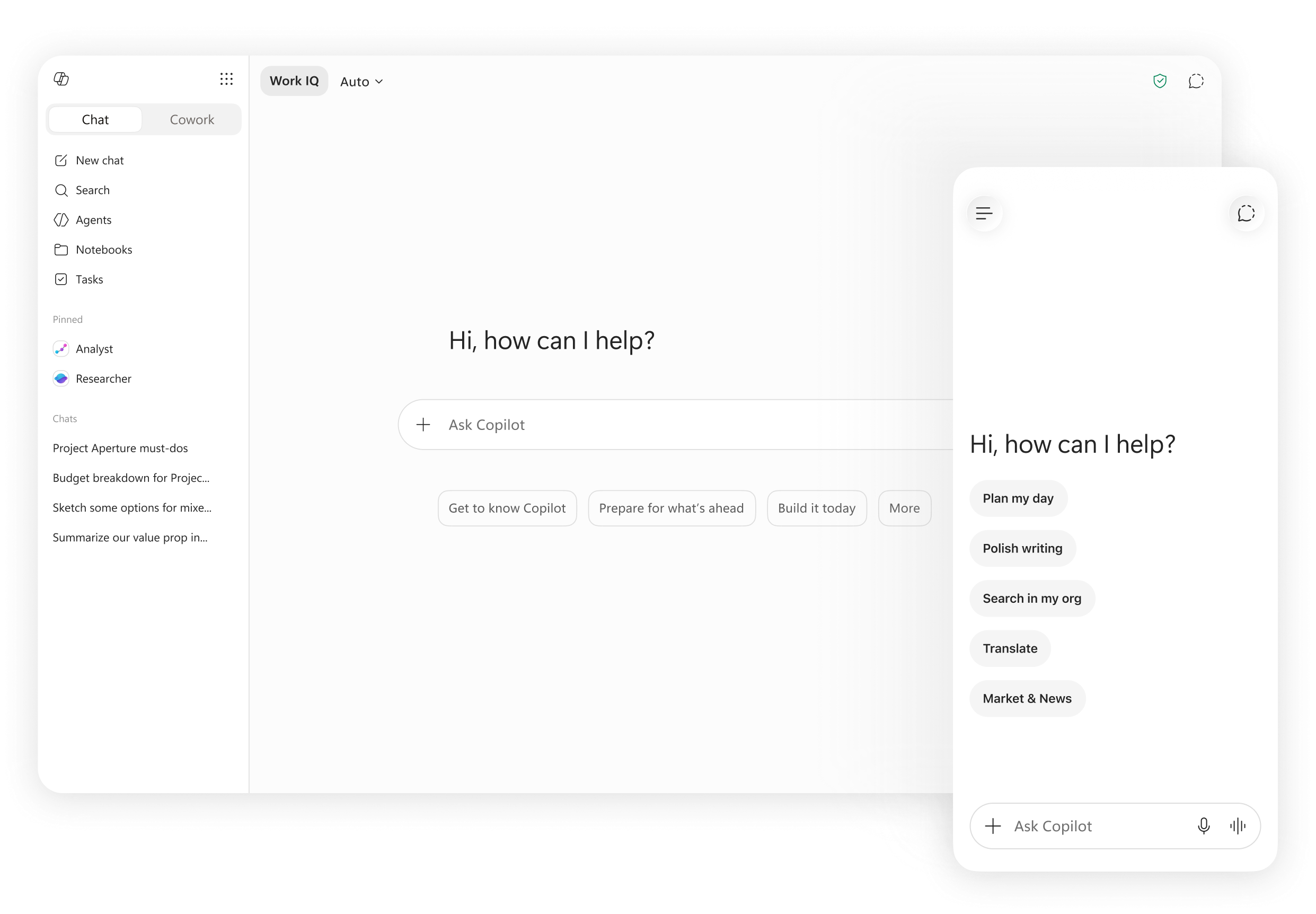 A user interface displays a chatbot screen on both a desktop and a mobile device, showing a welcome message, suggested prompts like “Plan my day,” and navigation options on the left sidebar.