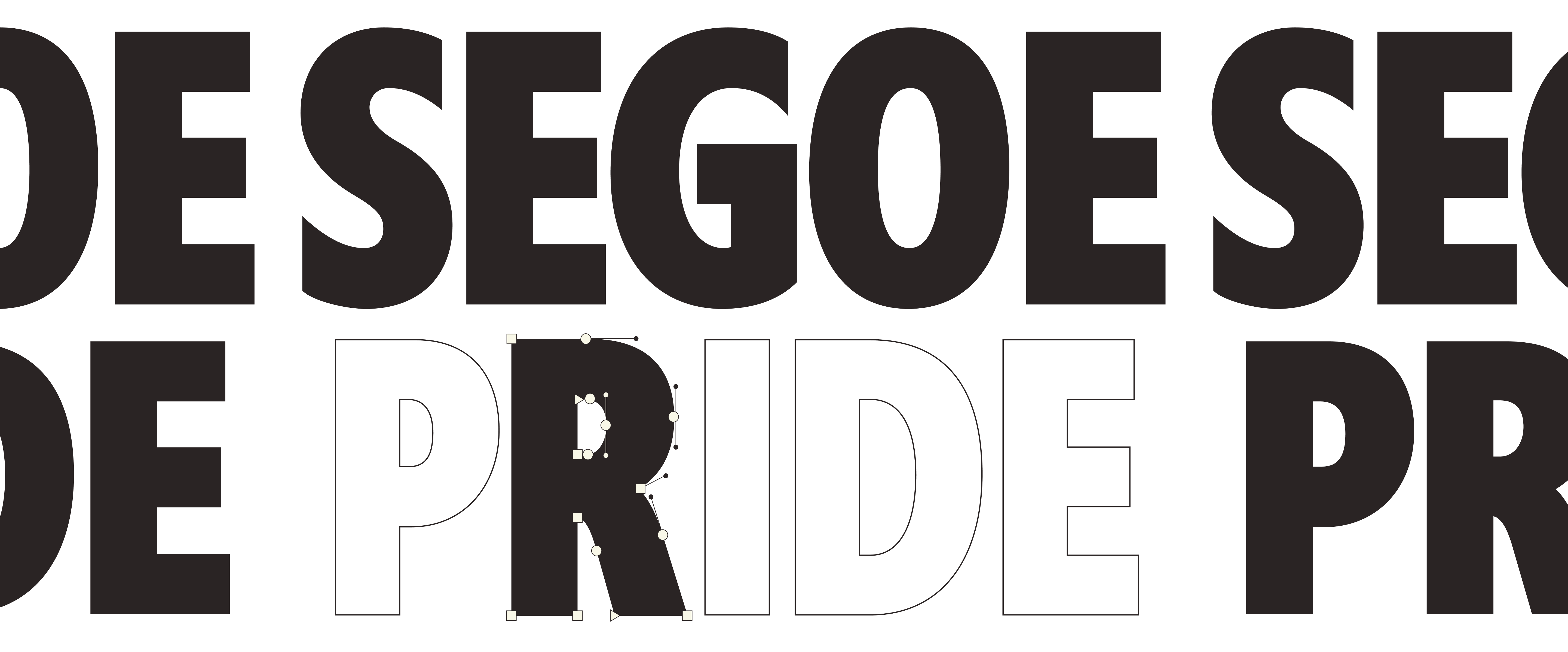Bold black uppercase letters spell out "DE SEG" above outlined, hollow letters spelling "PRIDE" with only the "R" partially filled in black. The image shows a font design or editing process.