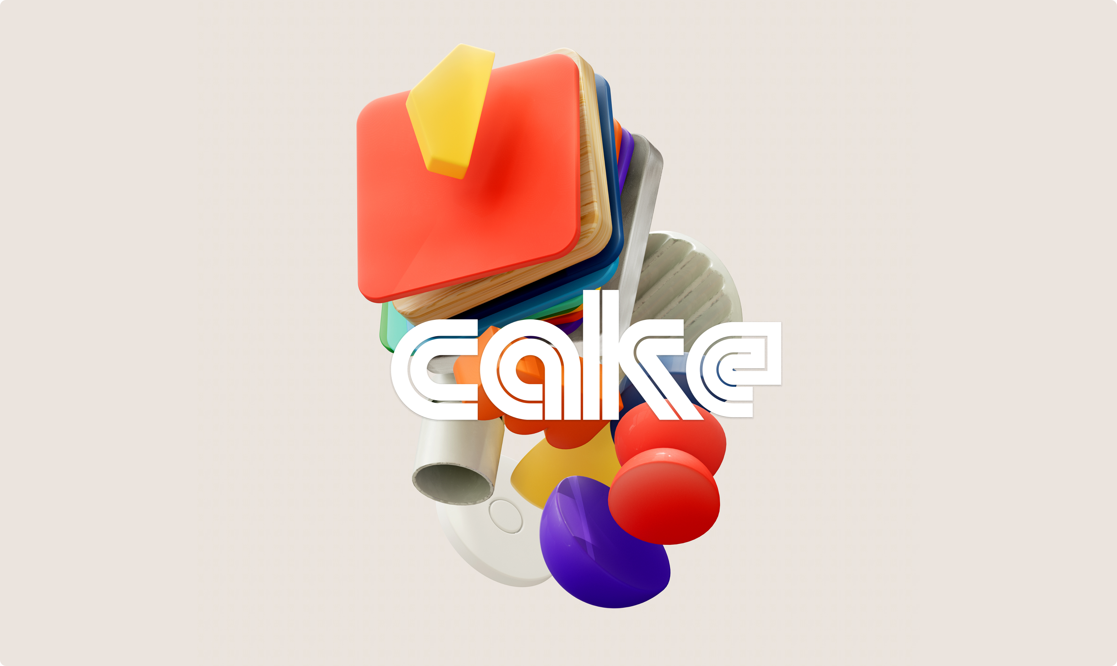 A colorful 3D arrangement of abstract shapes with the word "cake" in bold, stylized white text overlaid in the center. The background is light beige.
