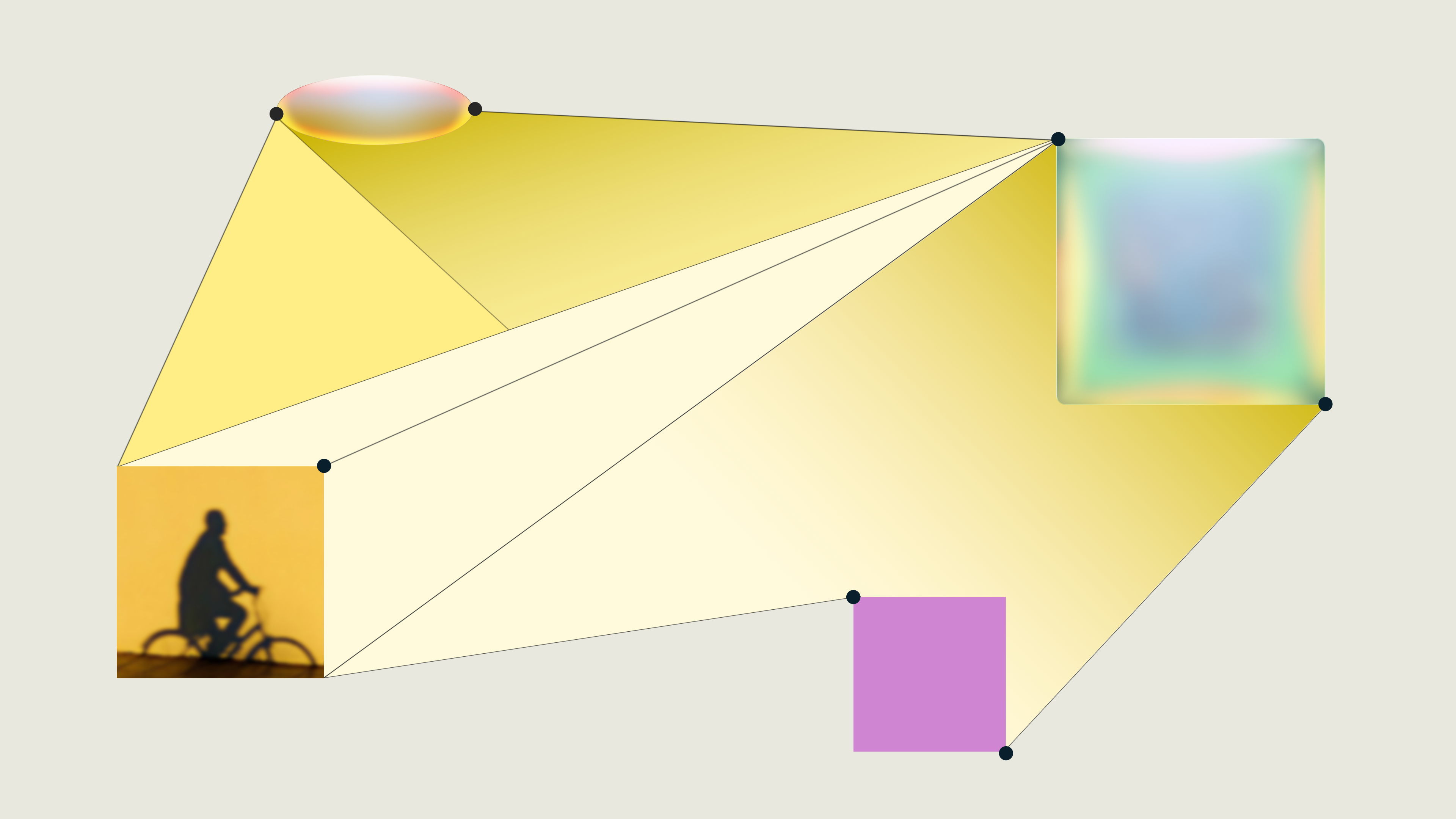 A geometric diagram with five black dots connected by yellow triangles, featuring four images: a cyclist silhouette, a purple square, a colorful blurry square, and an oval shape at the top left.