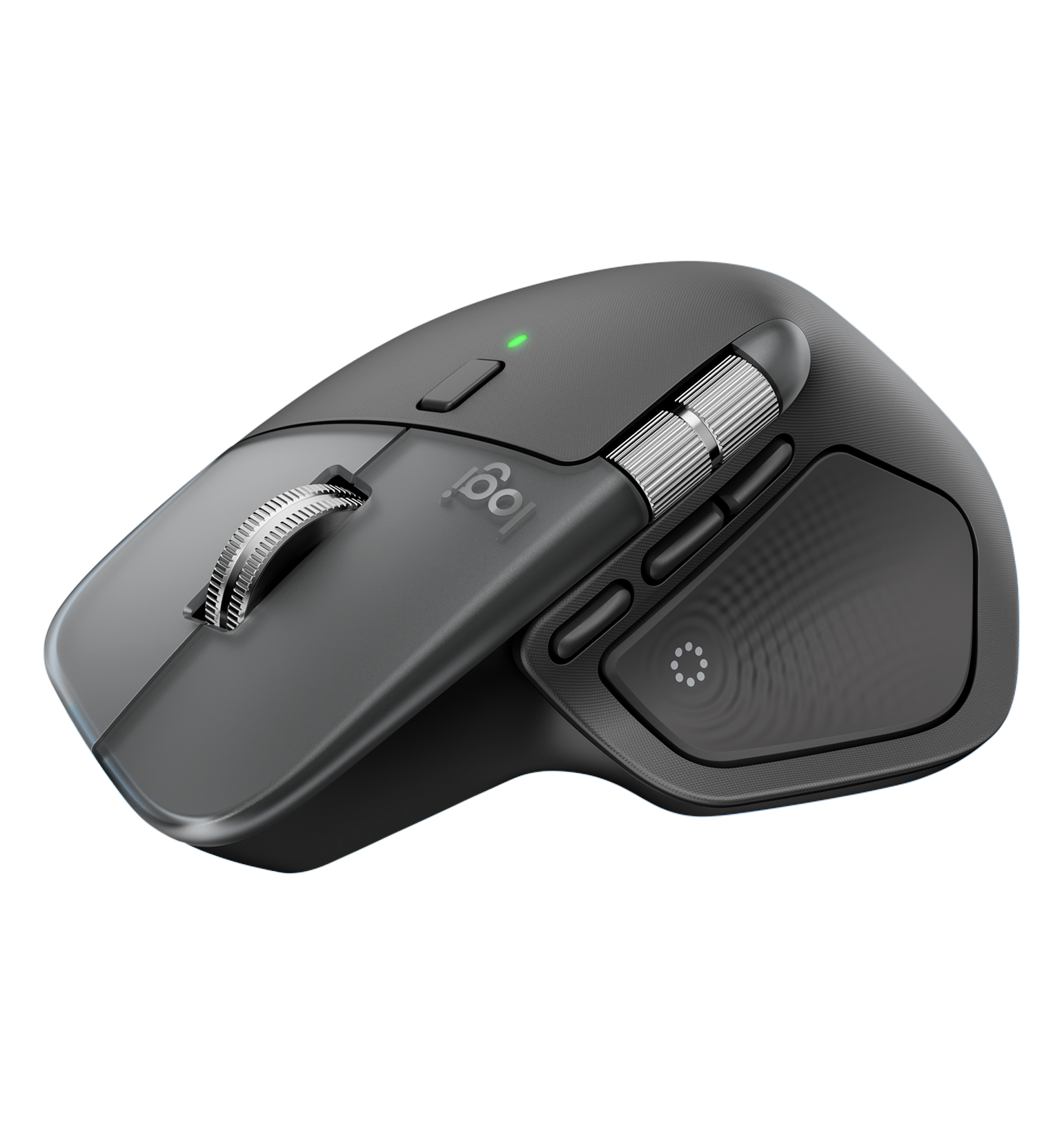 A black ergonomic wireless computer mouse with multiple buttons, a metallic scroll wheel, and a green indicator light on top, displayed on a plain white background.