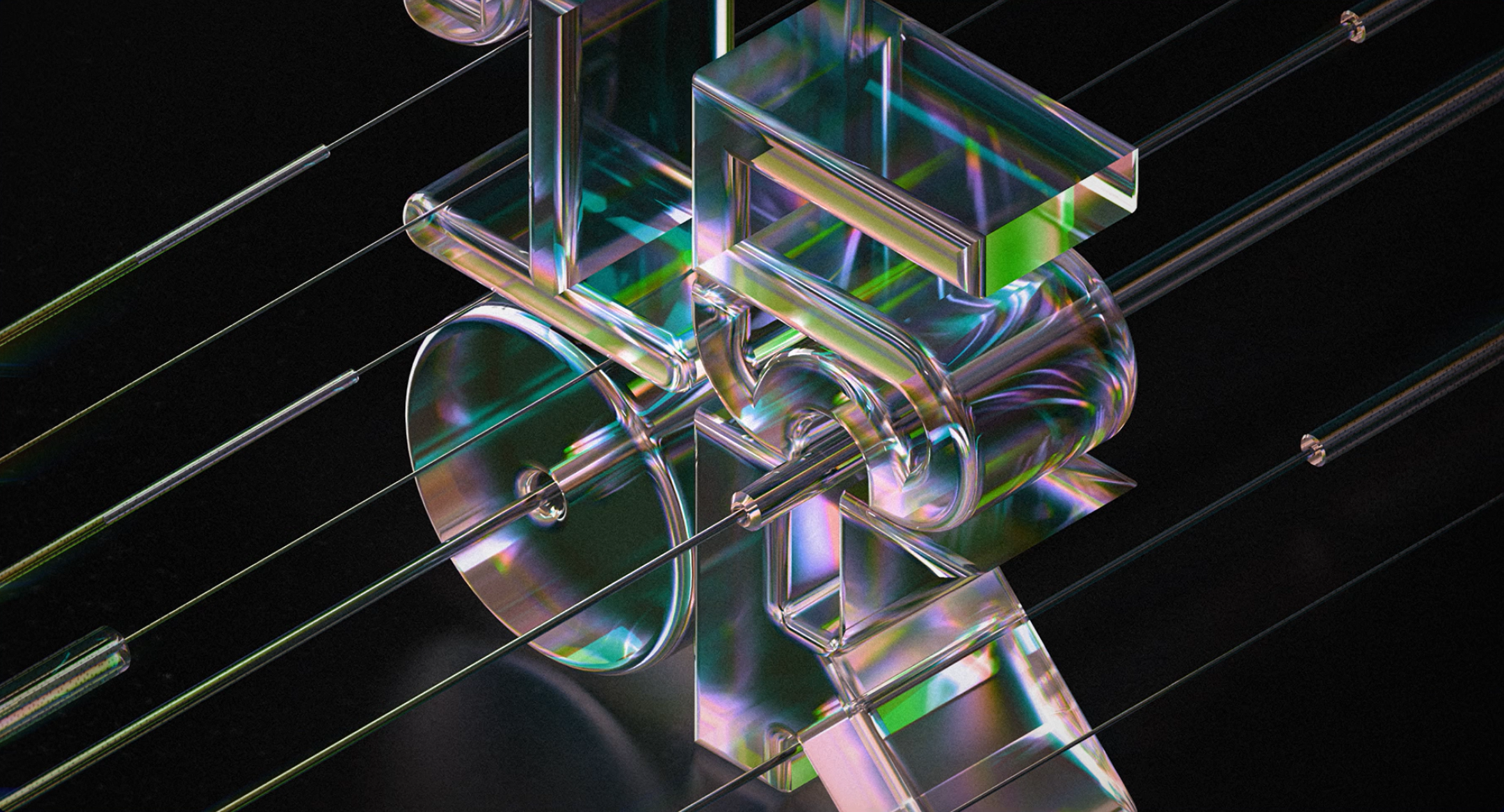 A 3D abstract illustration of transparent geometric shapes and lines, resembling interconnected tubes and cylinders with iridescent reflections, set against a dark background.