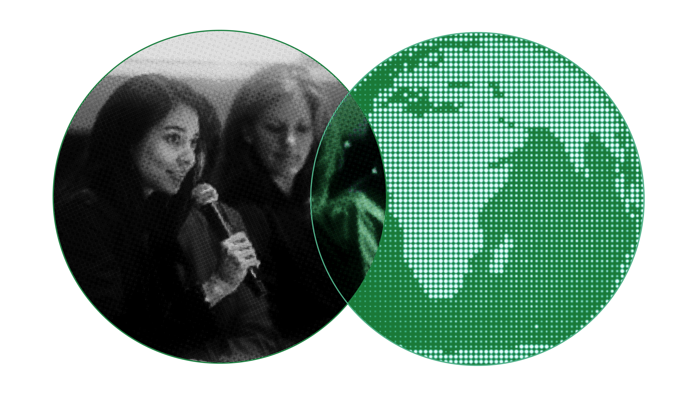 Two overlapping green circles: the left shows two women speaking into a microphone, and the right displays a stylized, pixelated image of a world map with a focus on Africa and Europe.