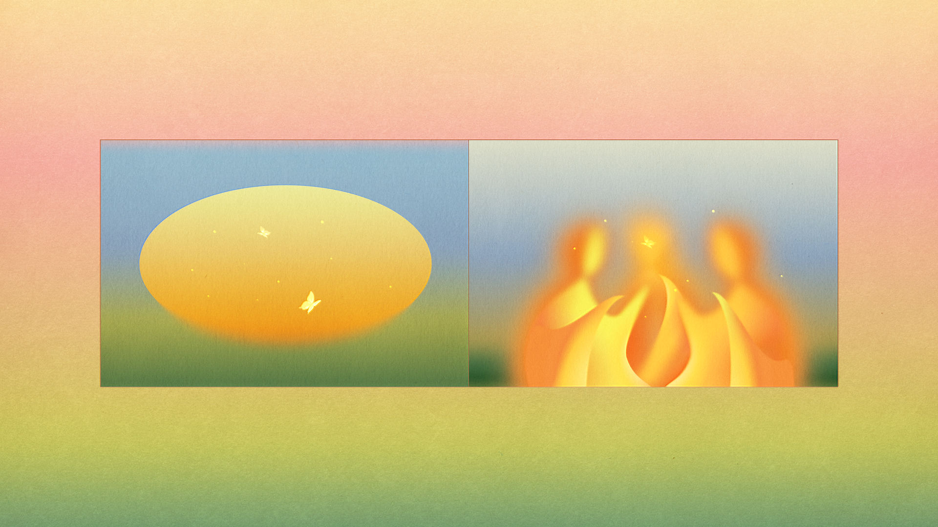 A soft, gradient background with a split image: left shows a large yellow sun with birds, right shows three abstract glowing figures around a flame.